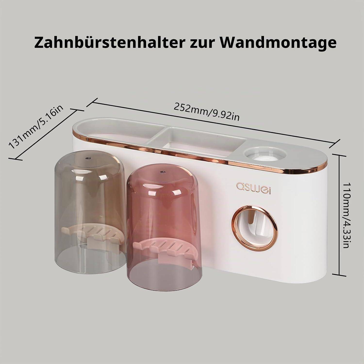 Wandmontierter Zahnbursthalter mit zwei Bechern und Fächern, dargestellt mit den Abmessungen 252 mm Breite, 131 mm Tiefe und 110 mm Höhe.