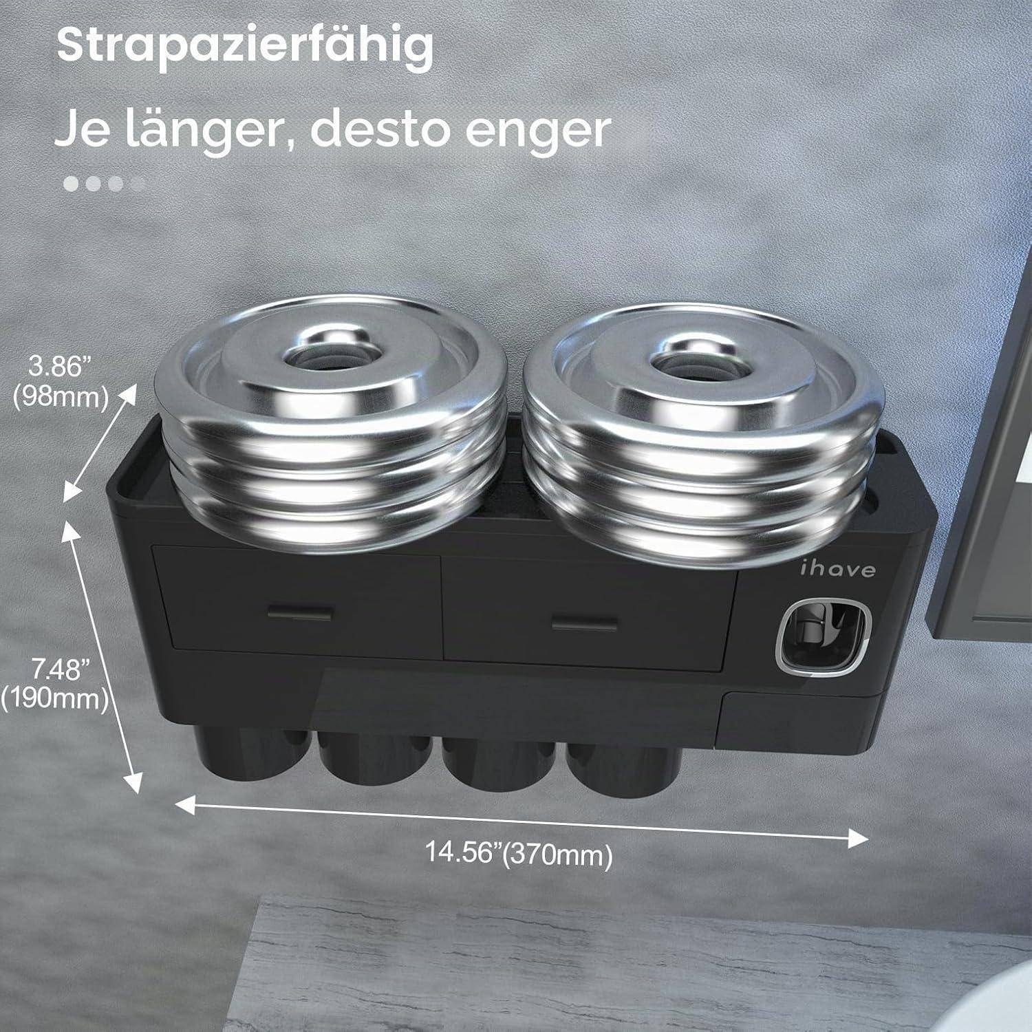 Annotierte Produktabbildung einer kompakten schwarzen Maschine mit zwei übereinander gestapelten Metallwalzen, beschriftet auf Deutsch mit „Strapazierfähig