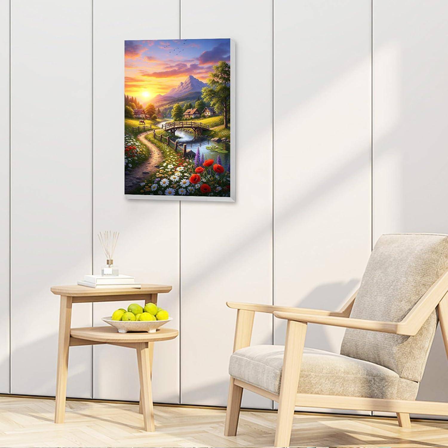 Modernes Wohnzimmer mit einem beigen Sessel, kleinem Beistelltisch mit grünen Äpfeln und einem gerahmten farbenfrohen Landschaftsgemälde an der Wand.