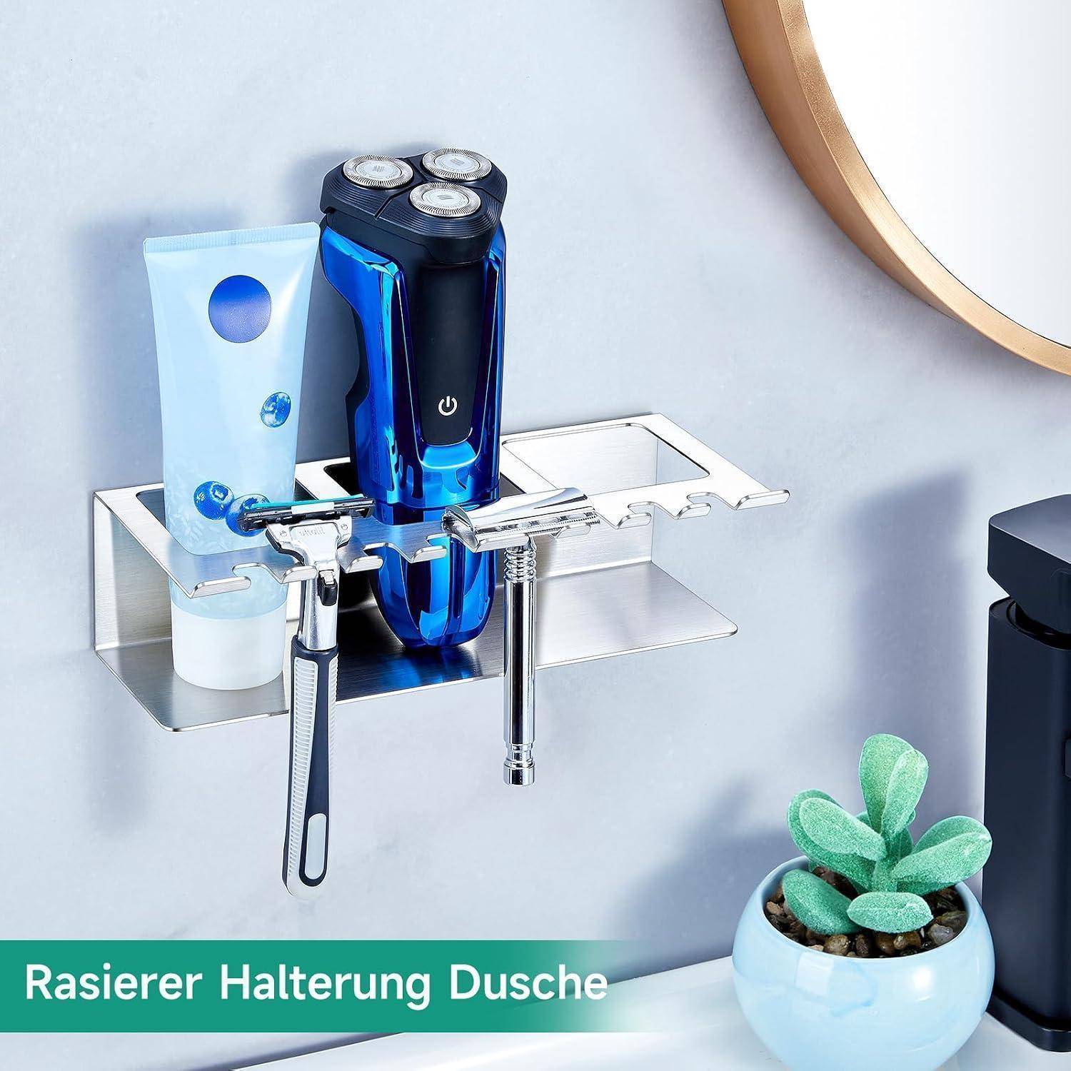 Wandmontierter Badezimmerhalter zur Aufbewahrung eines Elektrorasierers, einer Zahnpasta und von Zahnbürsten, mit der Beschriftung „Rasierer Haltung Dusche