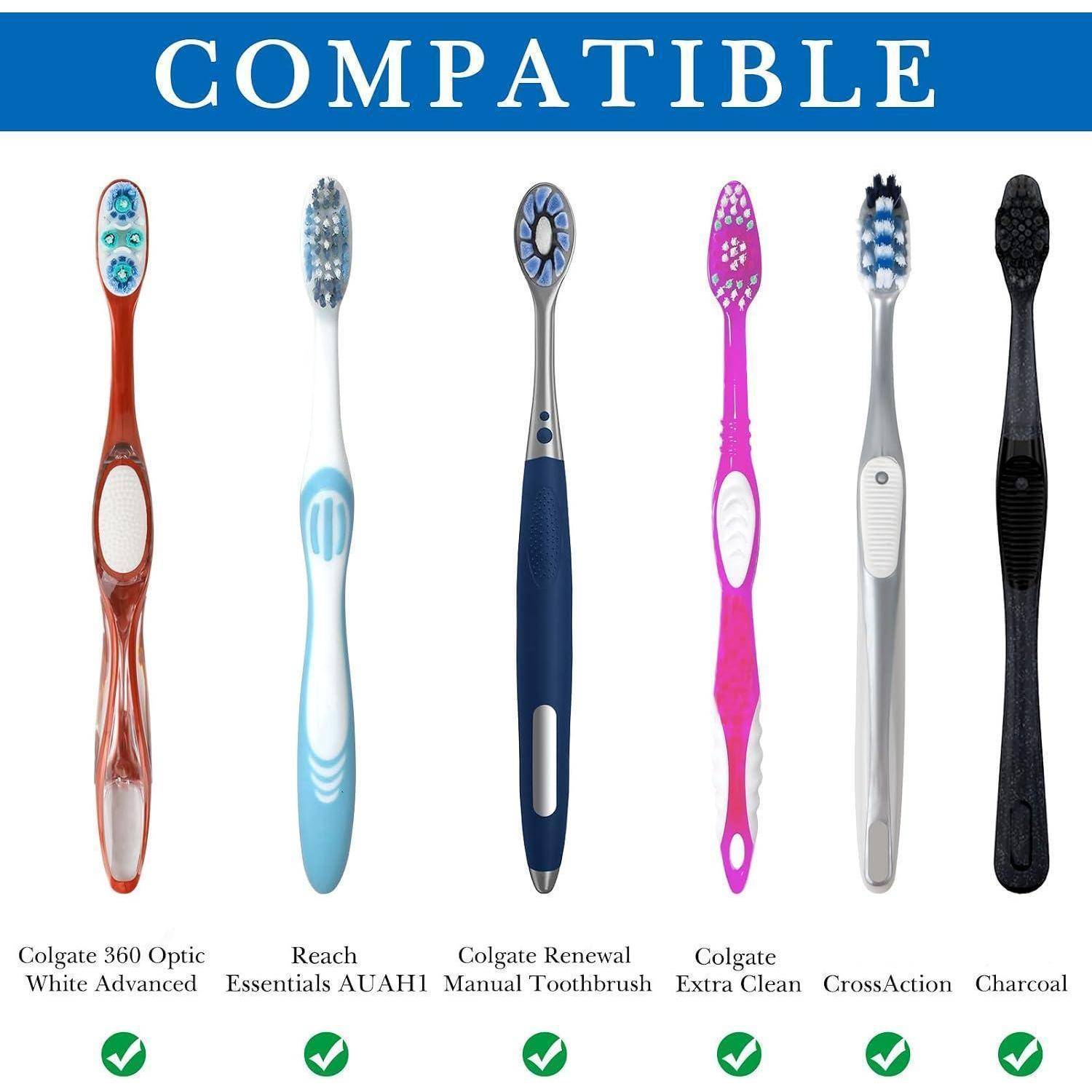 Vergleichsbild mit sechs kompatiblen Zahnburstköpfen: Colgate 360 Optic White Advanced, Reach Essentials AUAH1, Colgate Renewal Manual Toothbrush, Colgate Extra Clean, CrossAction und Charcoal.