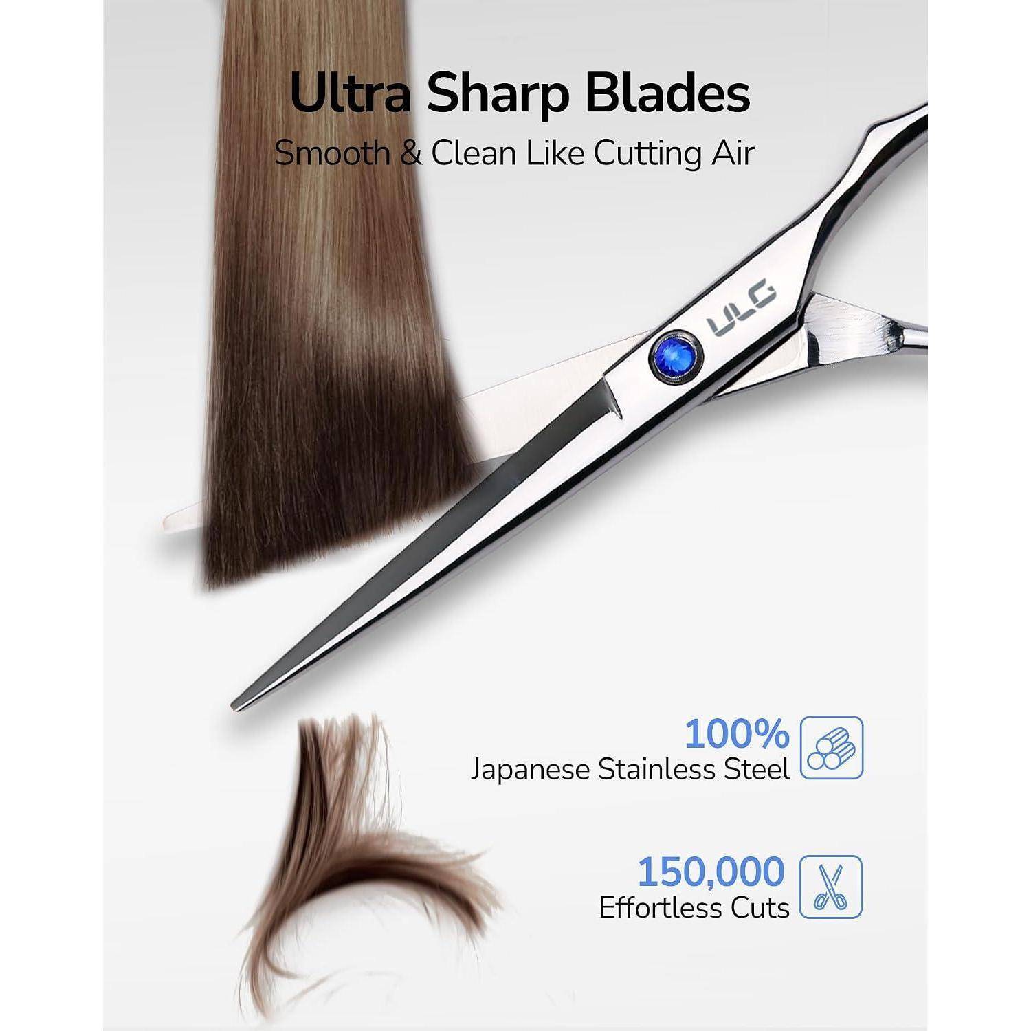 Werbung für Haarschneidescheren, die eine Haarsträhne schneiden, gekennzeichnet mit „Ultra Sharp Blades" und hervorhebend „100% japanischer Edelstahl"" und „150.000 mühelose Schnitte"".