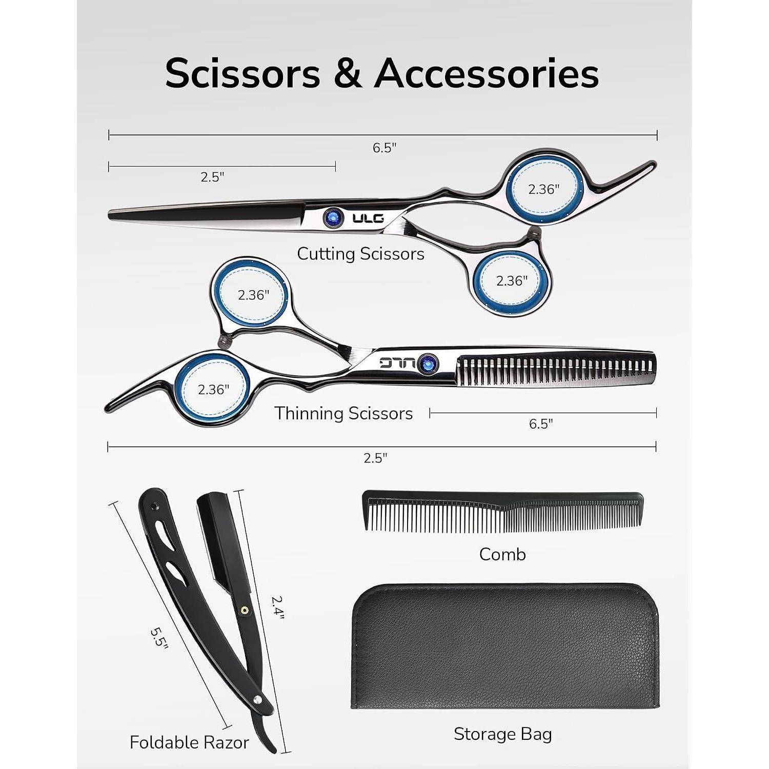 Scheren & Zubehör Produktdiagramm mit Haarschneideschere, Verdünnungsschere, zusammenklappbarem Rasierer, Kamm und Aufbewahrungstasche mit Größenetikett.