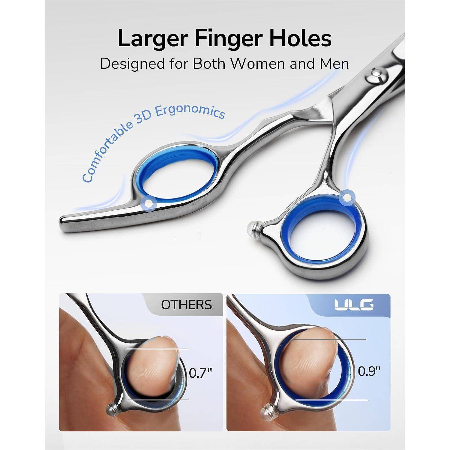Werbebild einer Schere mit größeren Fingerlöchern, beschriftet mit „Größere Fingerlöcher" und „Für Frauen und Männer geeignet"", zeigt 3D-Ergonomie und einen Vergleich mit anderen Scheren.