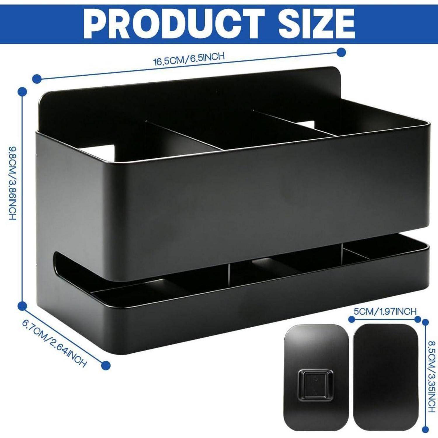 Schwarzer Desktop-Organizer mit drei oberen Fächern und einem unteren Tablett, mit gekennzeichneter Produktgröße von 16,5 x 8,5 x 8,0 cm.