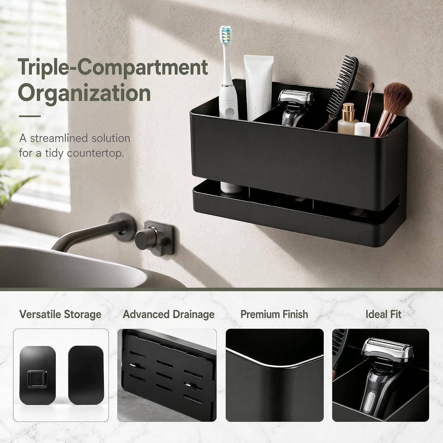 Wandmontierter schwarzer Badezimmer-Organizer mit drei Fächern, der Zahnbürste, Tuben, Rasierer und Bürste hält; dargestellt als ordentliche Arbeitsplatz-Speicherlösung mit Entwässerungs- und Premium-Finish-Eigenschaften.