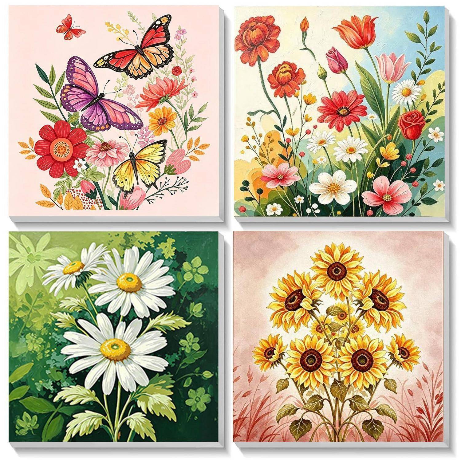 Vier quadratische Blumenmalereien: Schmetterlinge und gemischte Blüten, ein Frühlings-Wildblumensträußchen, weiße Gänseblümchen auf grünem Laub und Sonnenblumen mit Gräsern.