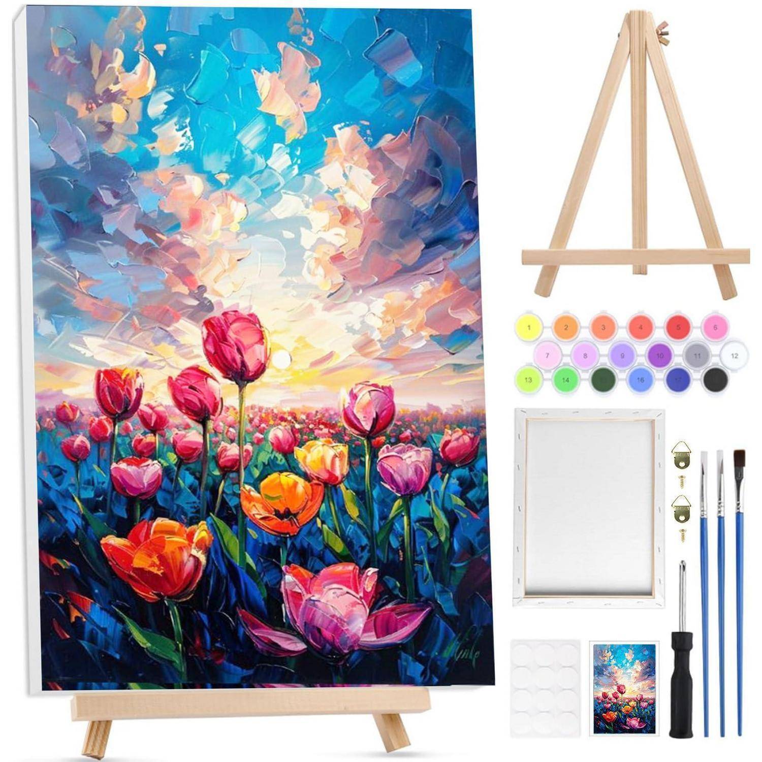 Gemaltes Tulpenfeld auf einer Leinwand-Staffelei, gezeigt mit einem Miniatur-Kunstset bestehend aus leerer Leinwand, Farben, Pinseln und Werkzeugen.