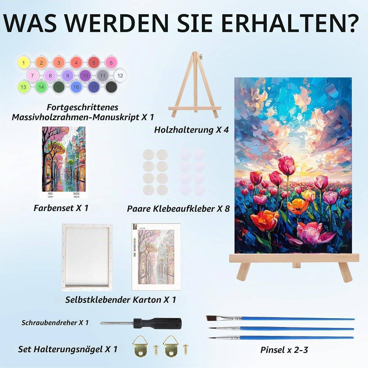 Deutsches Produktinhaltsabbild eines Malen-nach-Zahlen-Sets: nummerierte Leinwand, Holzstaffelei, Farbset, Klebepunkte, Pappe, Schraubendreher, Aufhängenägel und 2–3 Pinsel.