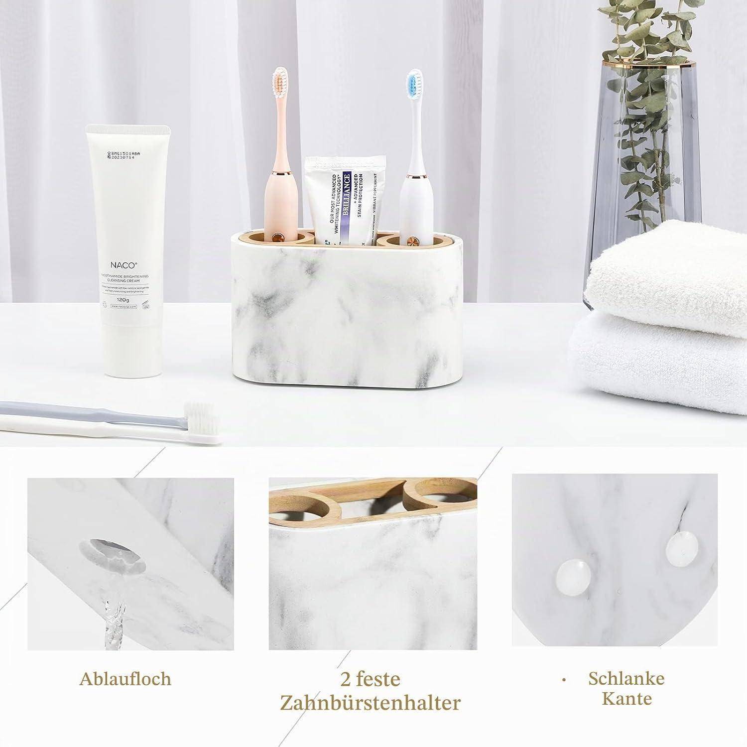 Badezimmer-Organizer mit Marmormuster, der zwei elektrische Zahnbürsten und eine Zahnpastatube hält, mit den folgenden Funktionen: Drainagsloch, zwei Bürstenschlitze und schlanke Kante.