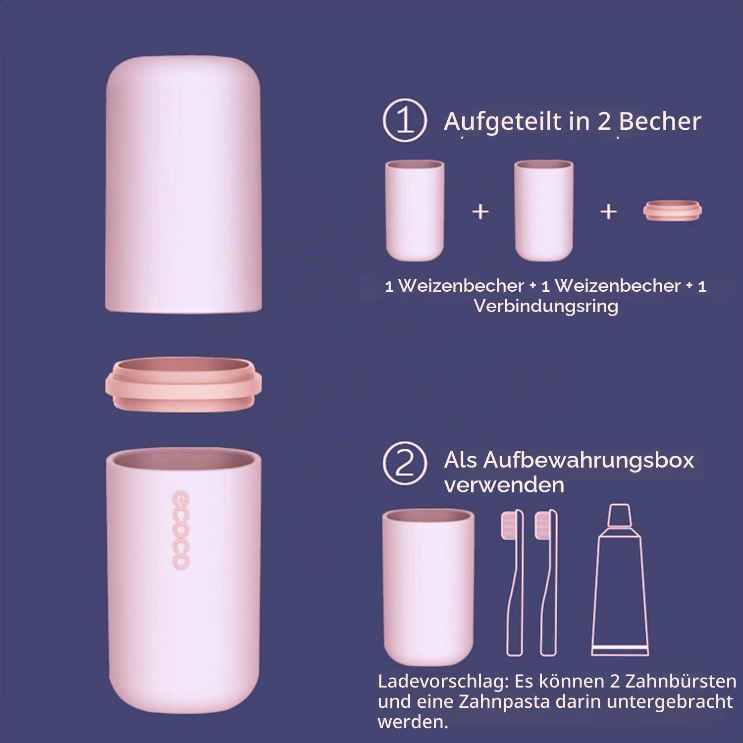 Illustration zeigt einen Aufbewahrungsbehälter, der mit einem Verbindungsring in zwei Behälter aufgeteilt werden kann oder als Halter für zwei Zahnbürsten und Zahnpasta verwendet wird.