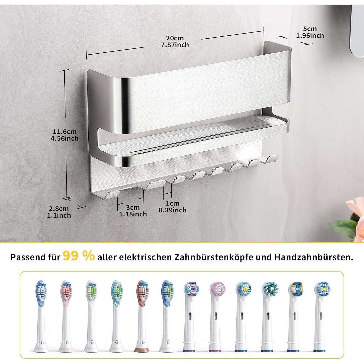 Wandmontierter Edelstahl-Zahnbürstenhalter mit Regal und Haken, mit Abmessungen dargestellt; passt zu 99% der elektrischen und manuellen Zahnbürstenköpfe und -griffe.