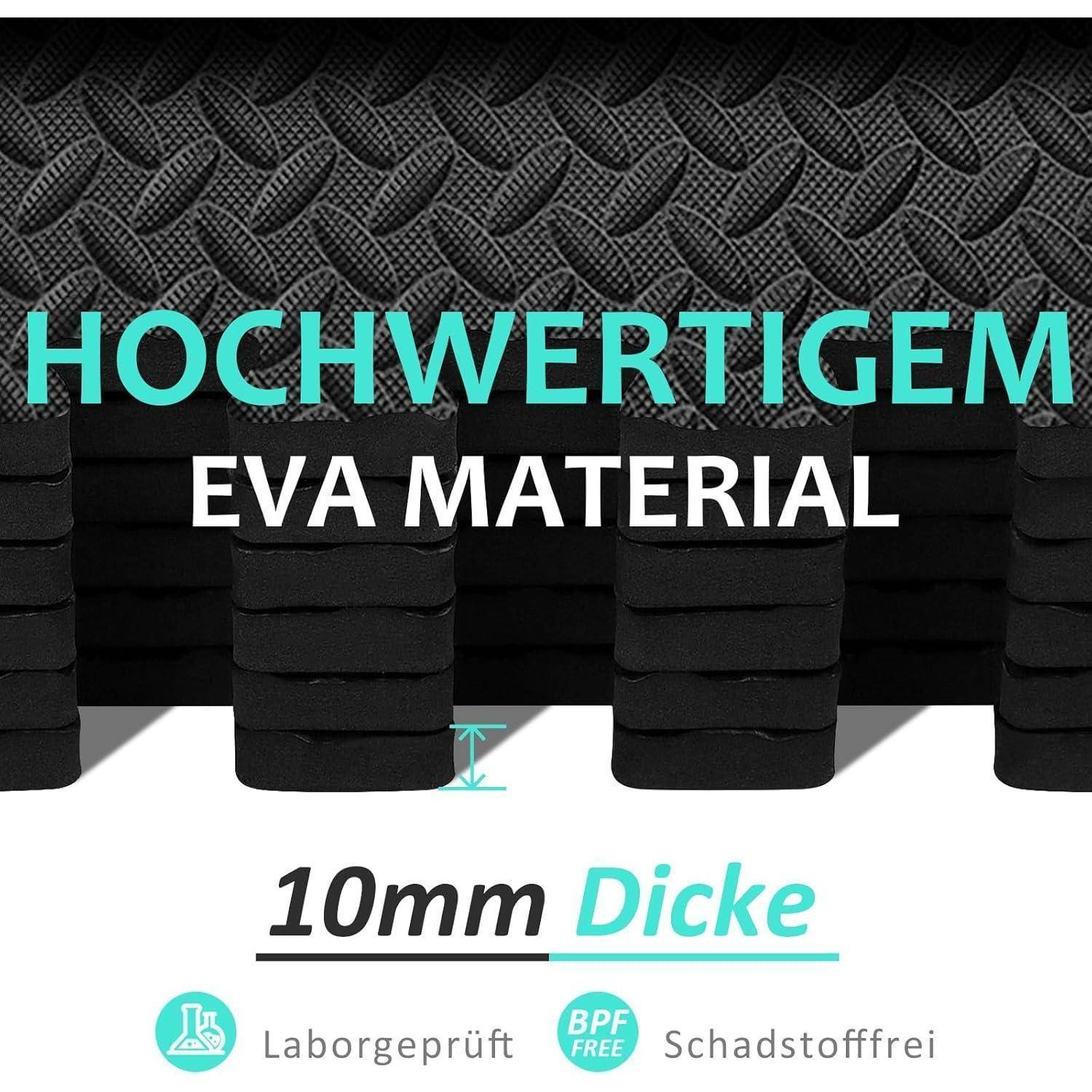 Werbegrafik für hochwertiges EVA-Material, das strukturiertes schwarzes Schaumstoff zeigt mit dem Text „HOCHWERTIGEM EVA MATERIAL