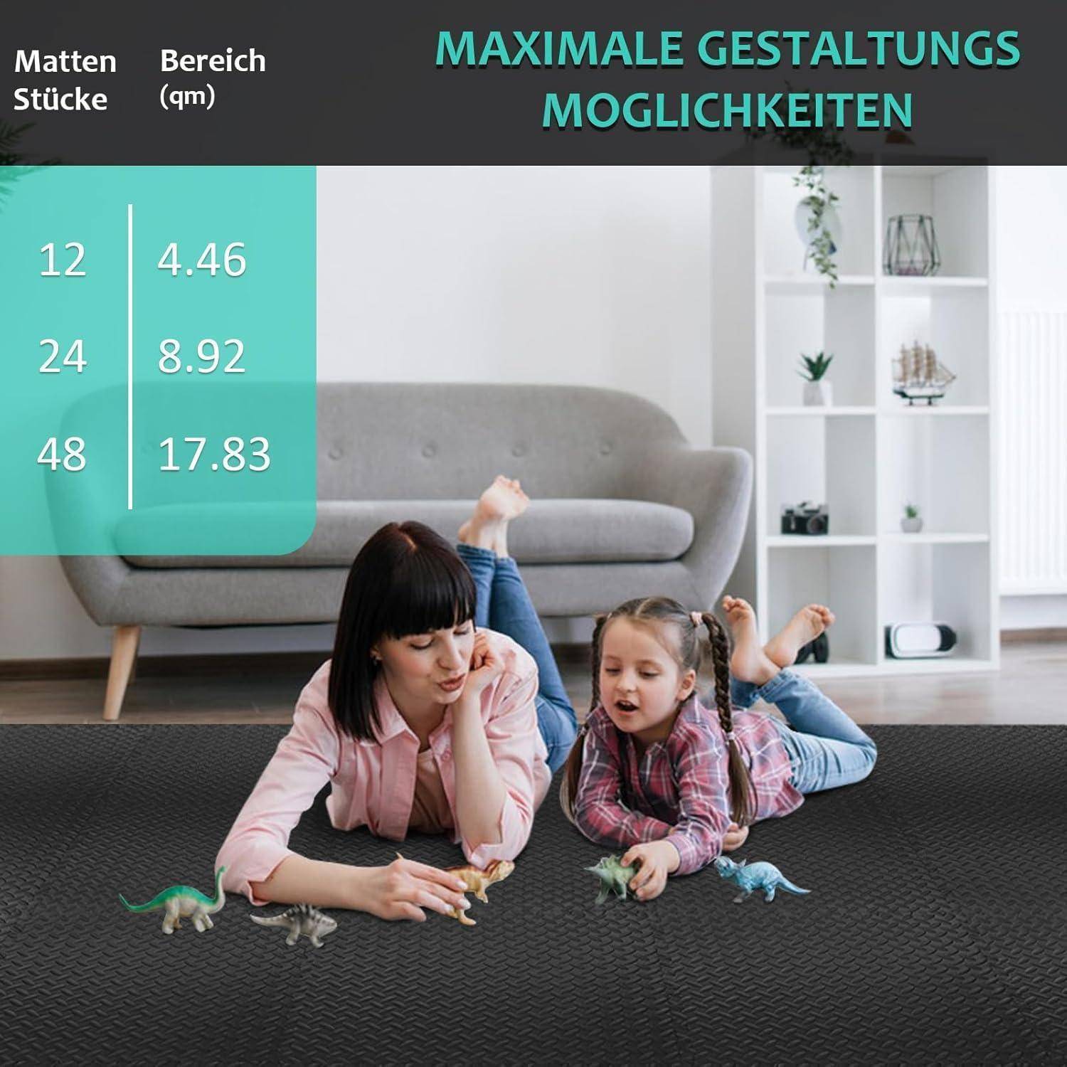Infografik mit Teppichgrößen in Quadratmetern: 12 Stück = 4,46 qm, 24 = 8,92, 48 = 17,83, über einem Wohnzimmerfoto mit Kindern, die auf einem dunklen Teppich spielen.