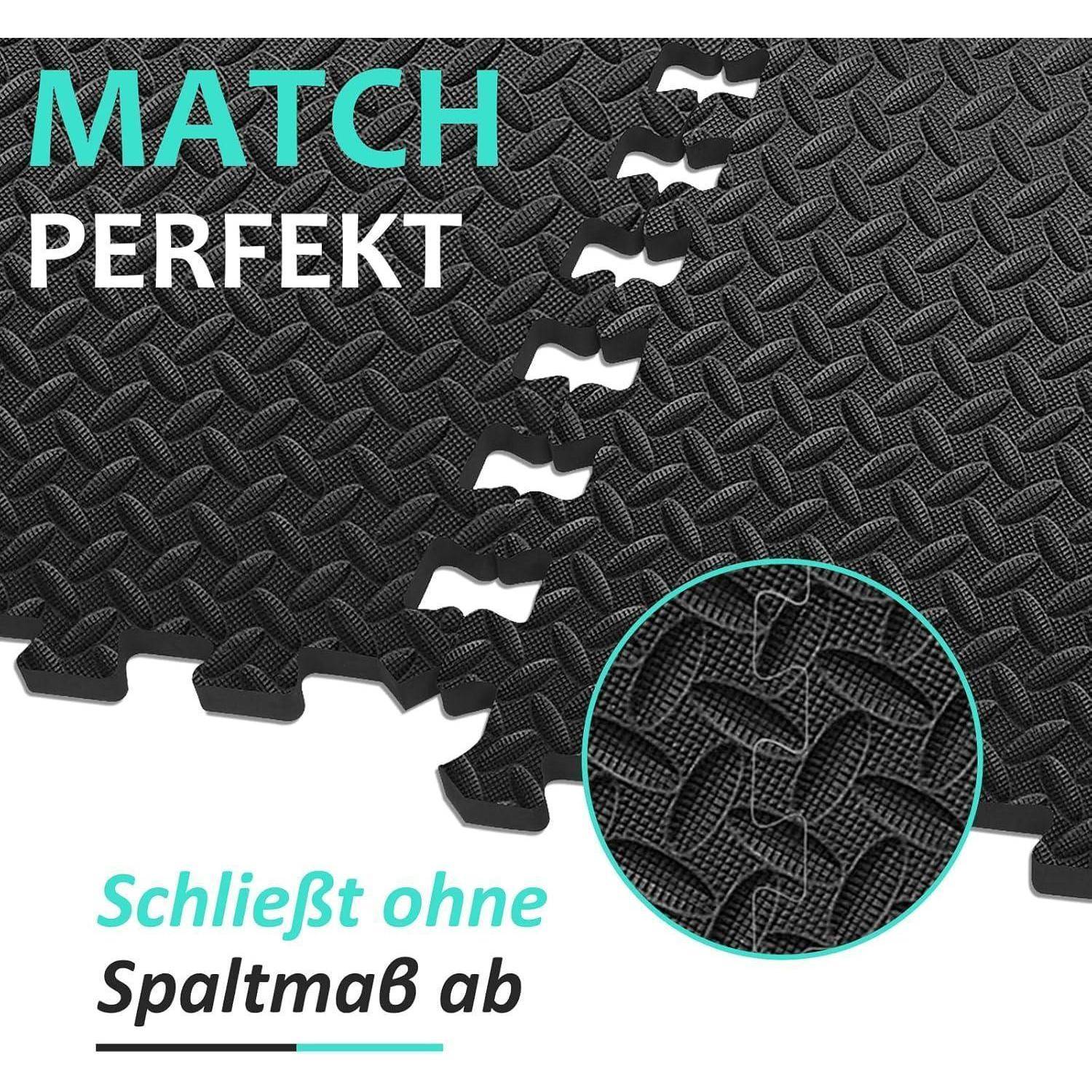 Grafik schwarzer verschlungener Mattenstücke, die eine Lücke schließen, mit Text 