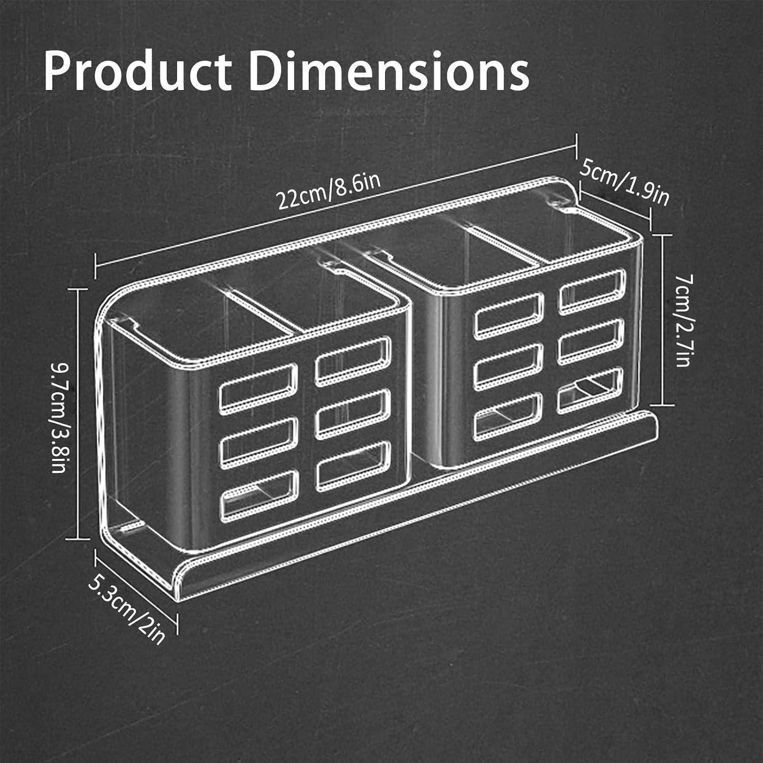 Diagramm mit Produktabmessungen für einen wandmontierten Organizer mit zwei Fächern: 22 cm breit, 9,7 cm hoch, 5,3 cm tief, mit Fächerhöhen von 5 cm und 7 cm.