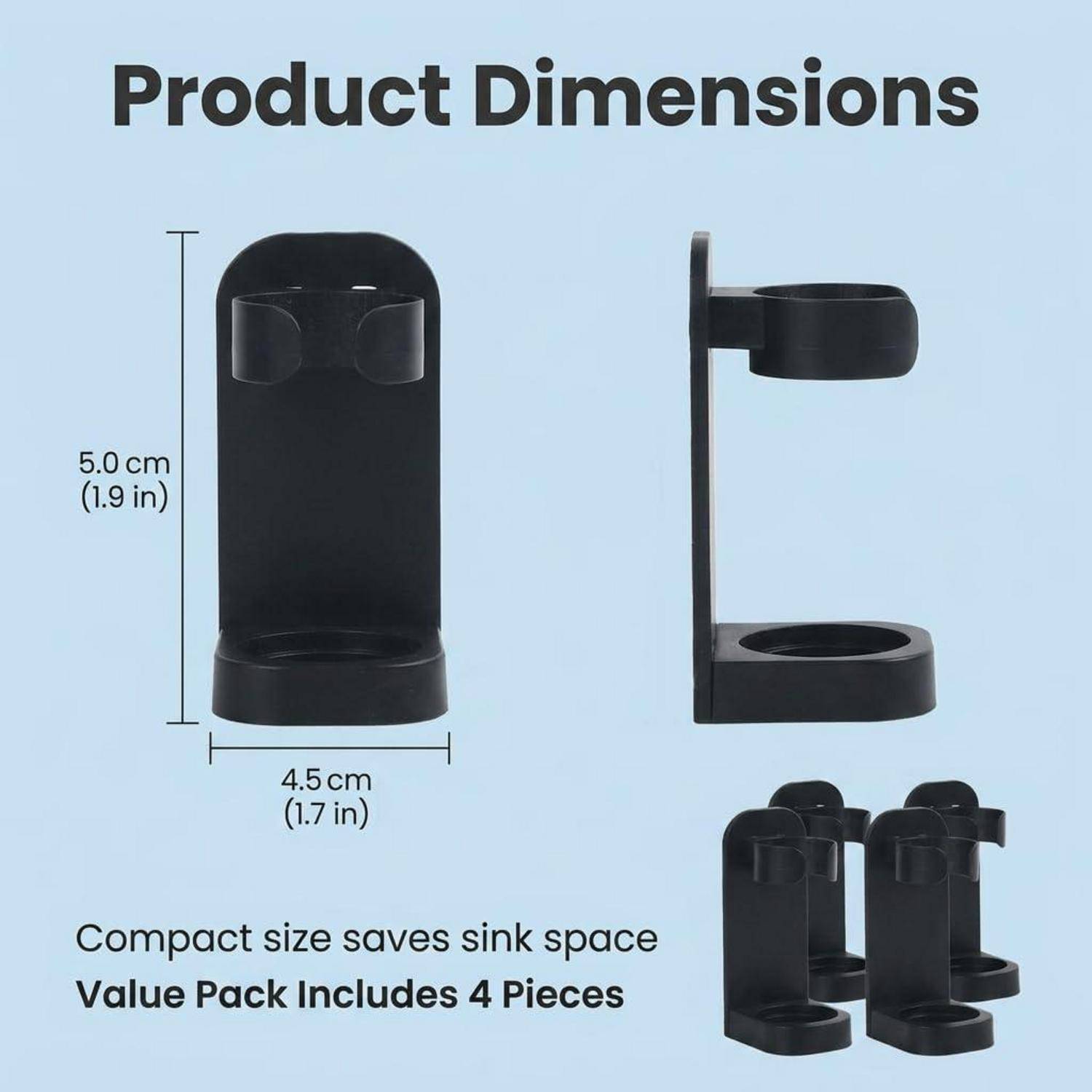 Produktdimensionsdiagramm eines schwarzen Spülengeräts: 5,0 cm Höhe, 4,5 cm Breite; kompakte Größe spart Spülplatz; Vorteilspaket enthält 4 Stücke.