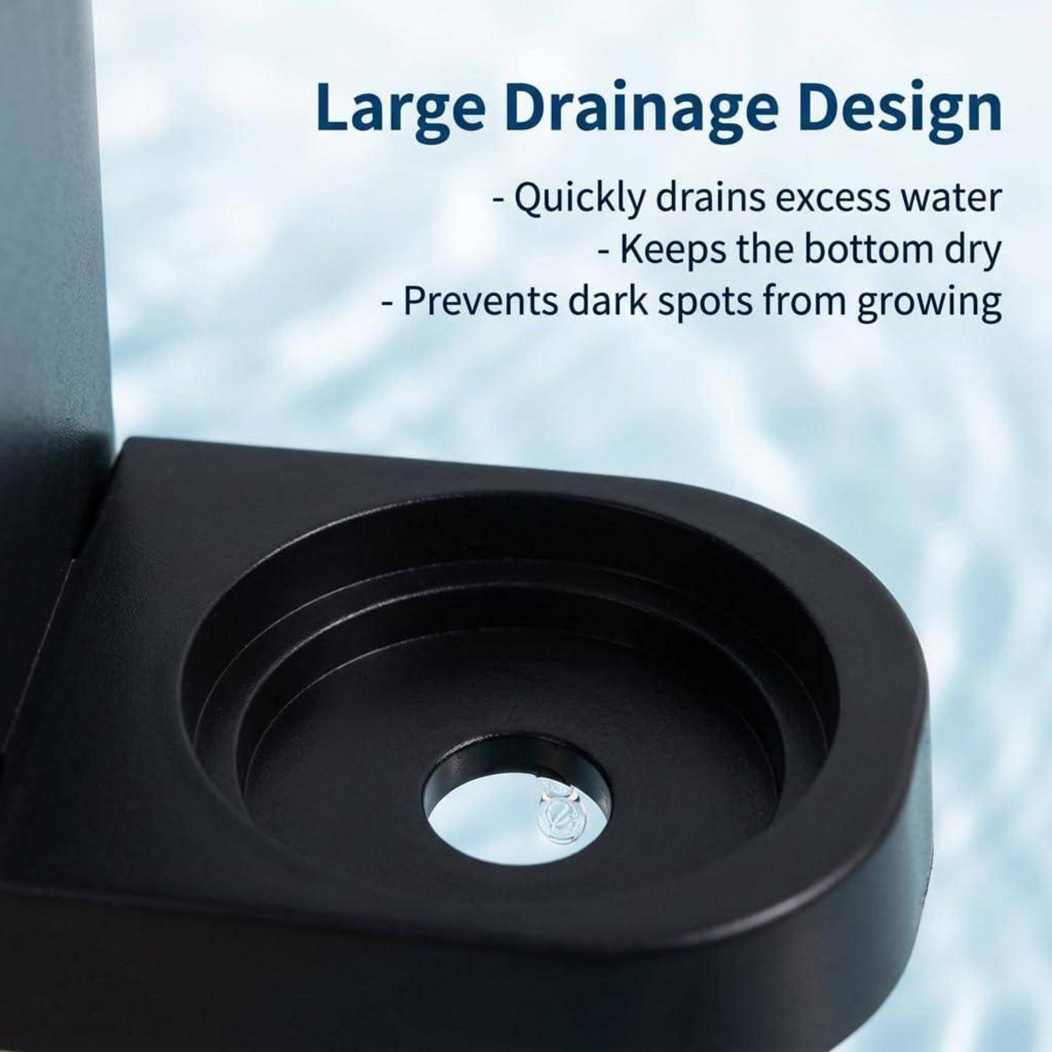 Schwarzes Tablett mit großem zentralem Ablassloch, beschriftet mit „Large Drainage Design