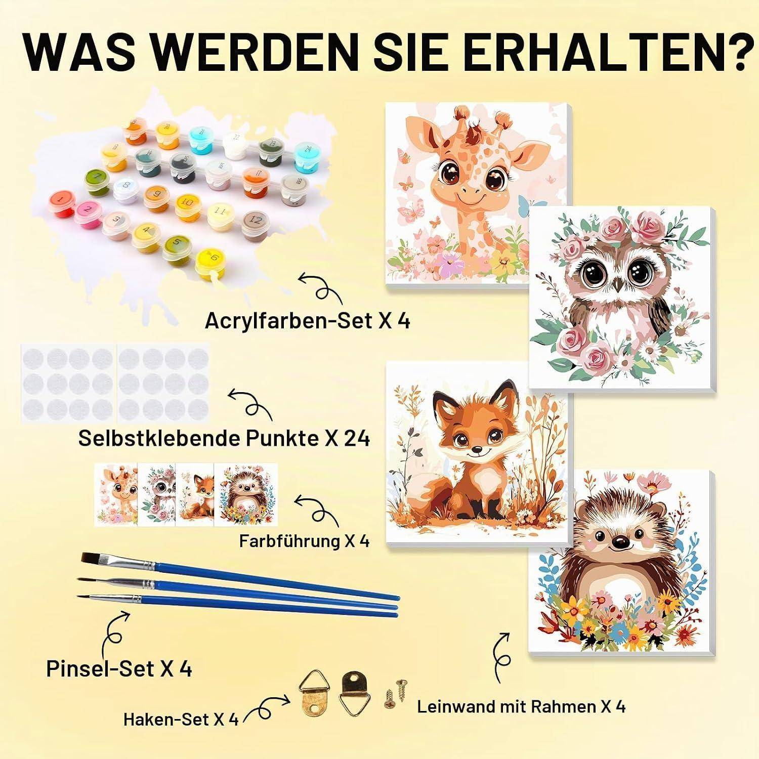 Grafikinhalt des deutschen Produkts zeigt, was enthalten ist: 4 Acrylfarben-Sets, 24 selbstklebende Punkte, 4 Farbvorlagen, 4 Pinsel-Sets, 4 Haken-Sets und 4 gespannte Leinwände mit niedlichen Tiermotiven.