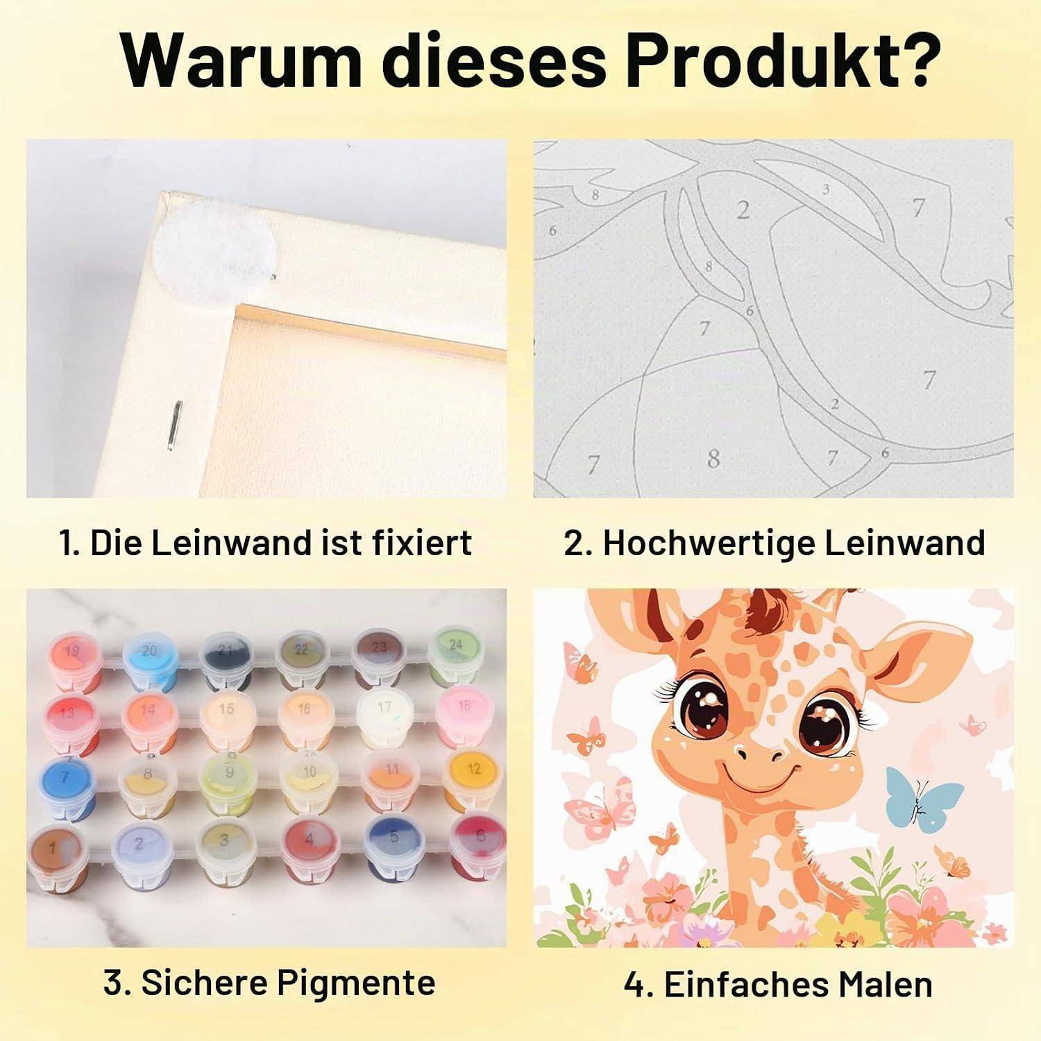 Bowetile 4 Stück Tiere Malen Nach Zahlen Kinder mit Rahmen, Malen Nach Zahlen Kinder mit Rahmen ab 4-8-12+, DIY Gemäide Bastelset auf Leinwand mit