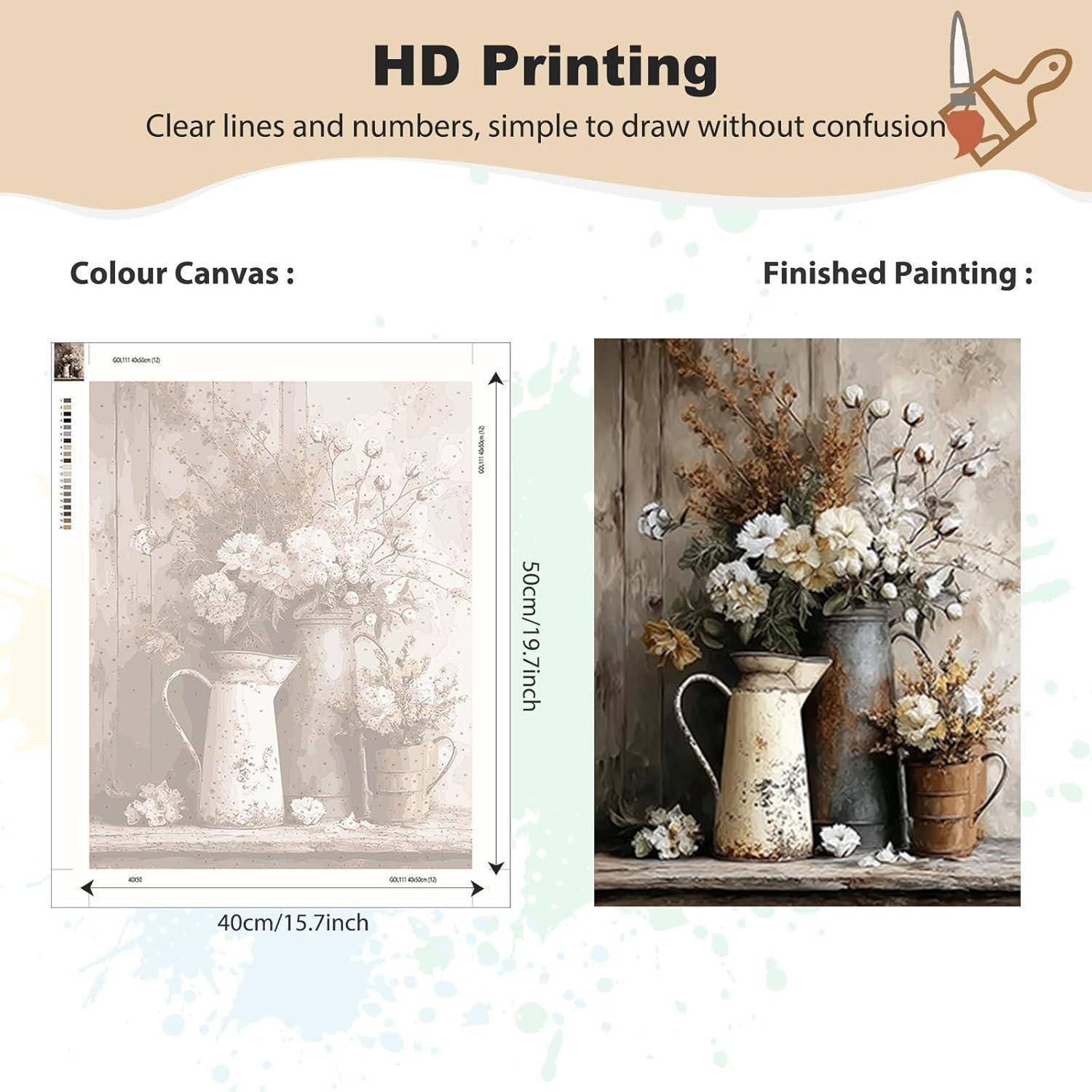 Nebeneinander-Vorschau des Diamantmalerei und fertiges florales Stillleben in Kannen und einem Eimer, beschriftet mit „Colour Canvas