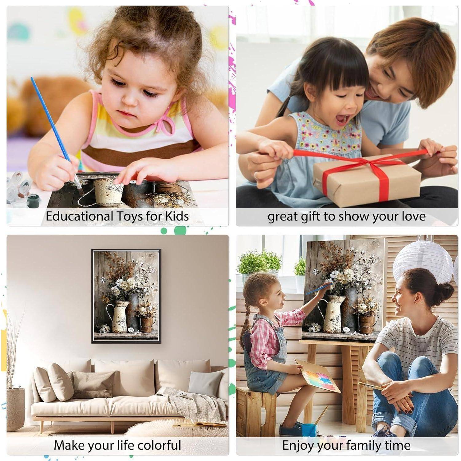 Vier-Panel-Collage: Kind malt, Mutter und Kind öffnen ein Geschenk, stilvolles Wohnzimmer und Familie zeichnet zusammen, mit Bildunterschriften über Spielzeug, Liebe, buntes Leben und Familienzeit.