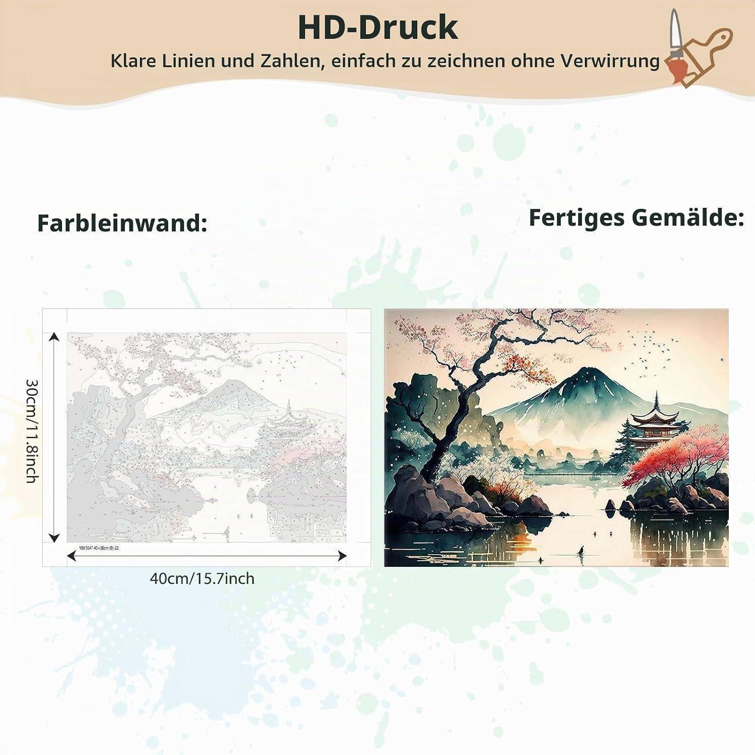 Anzeige für HD-Druck mit einer Malen-nach-Zahlen-Leinwand Größe 40 cm x 30 cm neben dem fertigen Landschaftsgemälde mit Berg, Baum, See und Pagode.