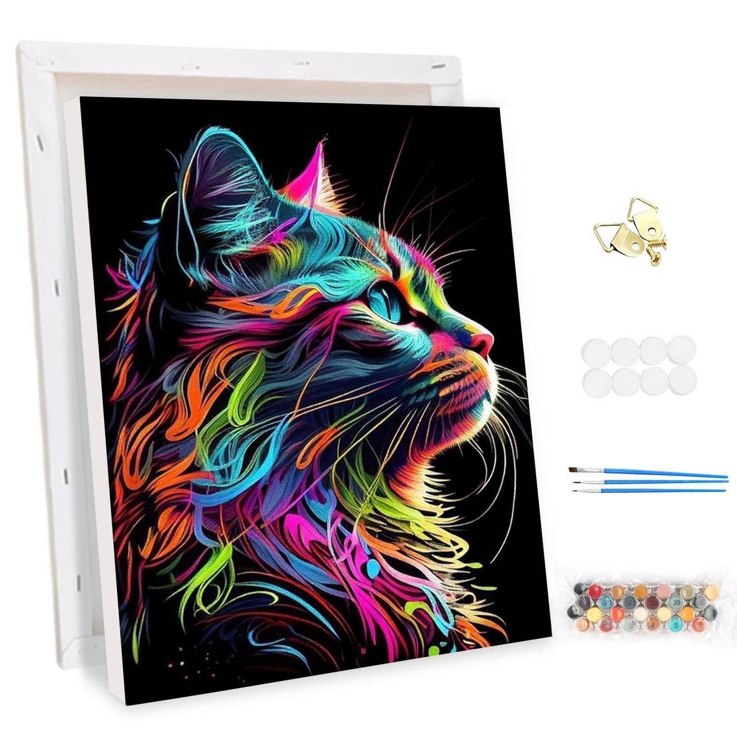 Neon Mehrfarben-Katzen-Leinwandkunst-Malset mit Aufhängehardware, Klebepads und Pinseln auf weißem Hintergrund.