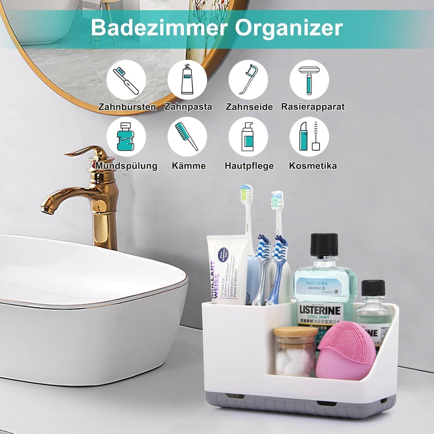 Badezimmerorganizer, der Zahnbürsten, Zahnpasta, Mundspülung, Lotion, Kosmetik und einen Rasierer neben einem Waschbecken hält.
