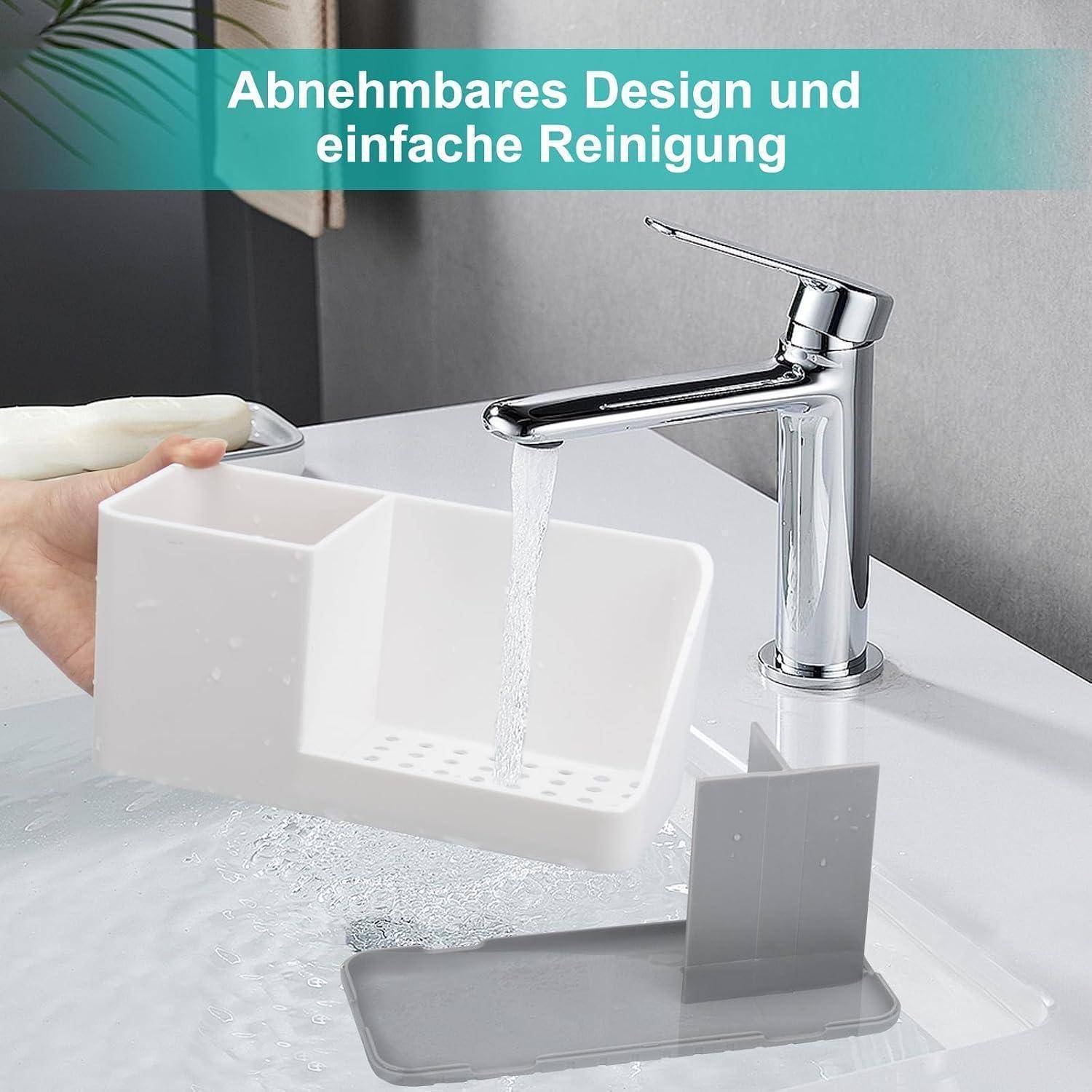 Chrommischer Wasserhahn mit abnehmbarem weißem Spülbeckenzubehör, das unter fließendem Wasser gespült wird; deutscher Text besagt 