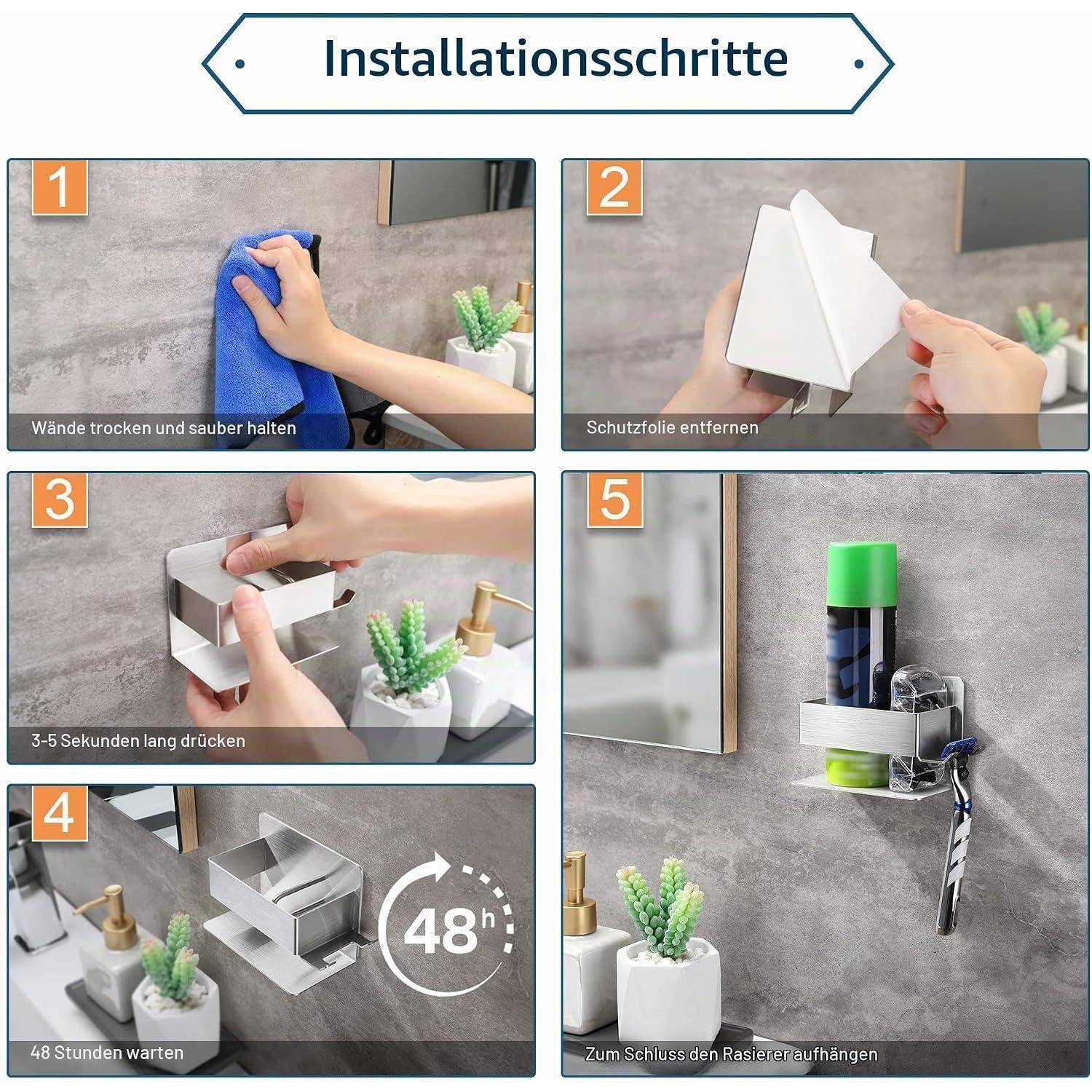 Installationsanleitung für einen wandmontierten Badezimmerorganizer: Wand reinigen und trocknen, Schutzfolie entfernen, anpressen, 48 Stunden warten, dann Gegenstände wie einen Rasierer aufhängen.