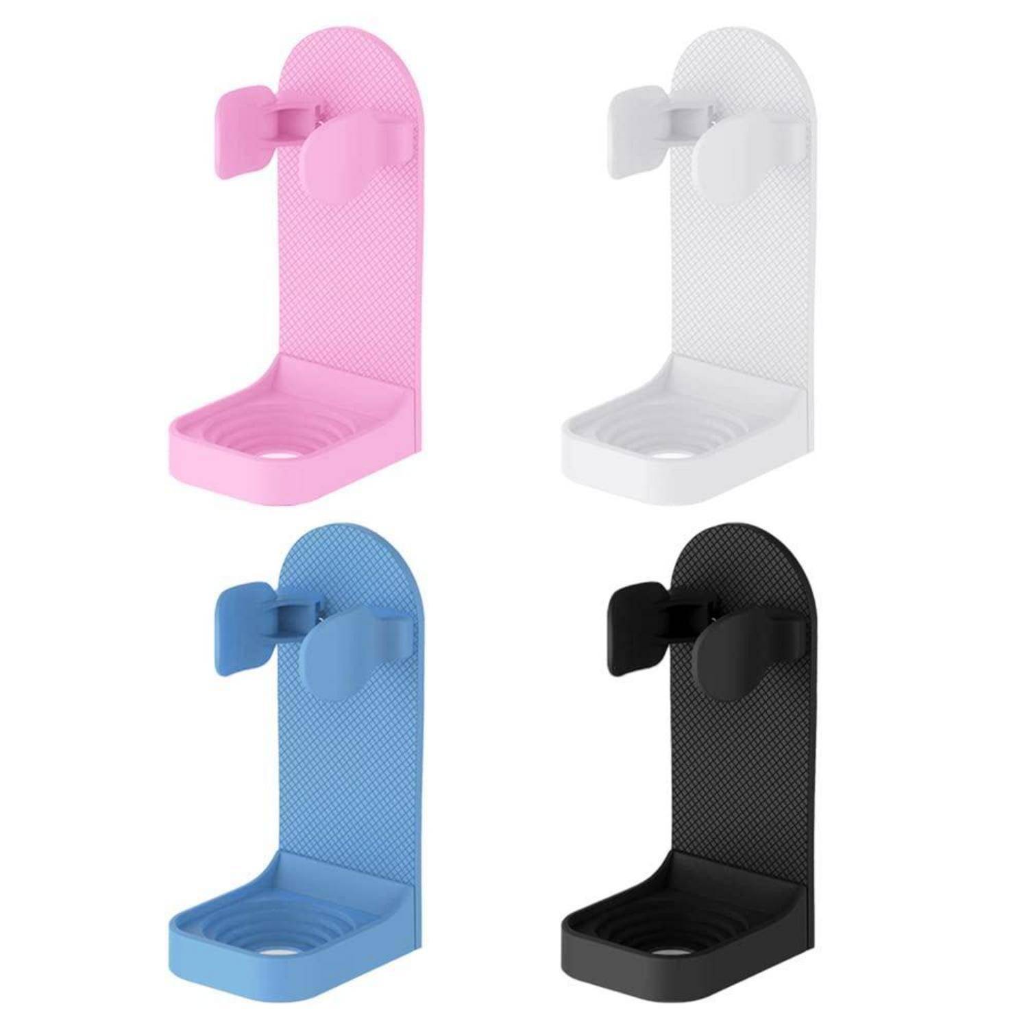 Vier Farbvarianten eines wandmontierten Kunststoff-Becherausgabers/Halters: rosa, weiß, blau und schwarz, gezeigt auf einem einfachen Hintergrund.