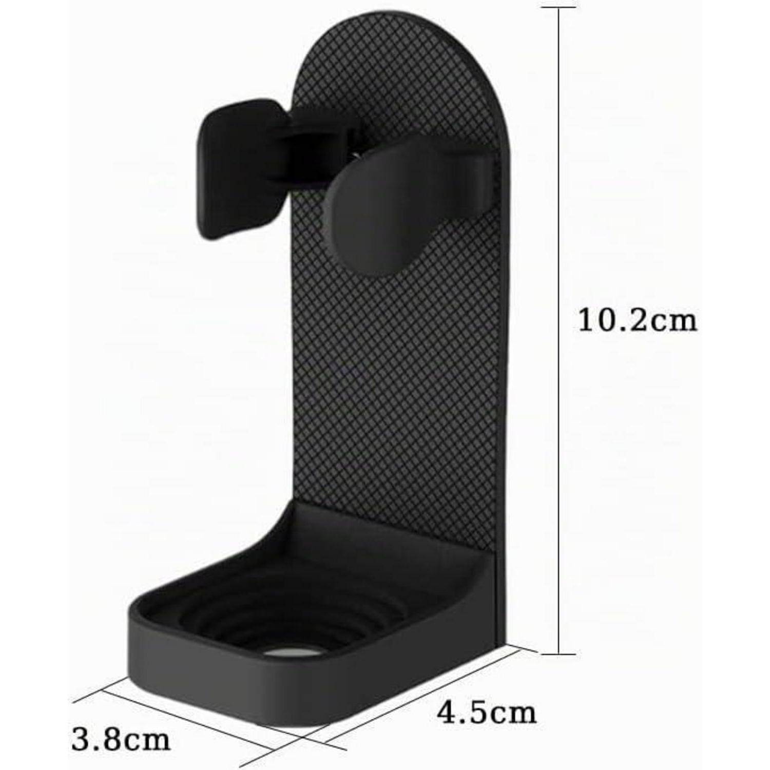 Schwarze wandmontierte Telefonhalterung, gezeigt mit Abmessungen von 10,2 cm Höhe, 4,5 cm Tiefe und 3,8 cm Breite.