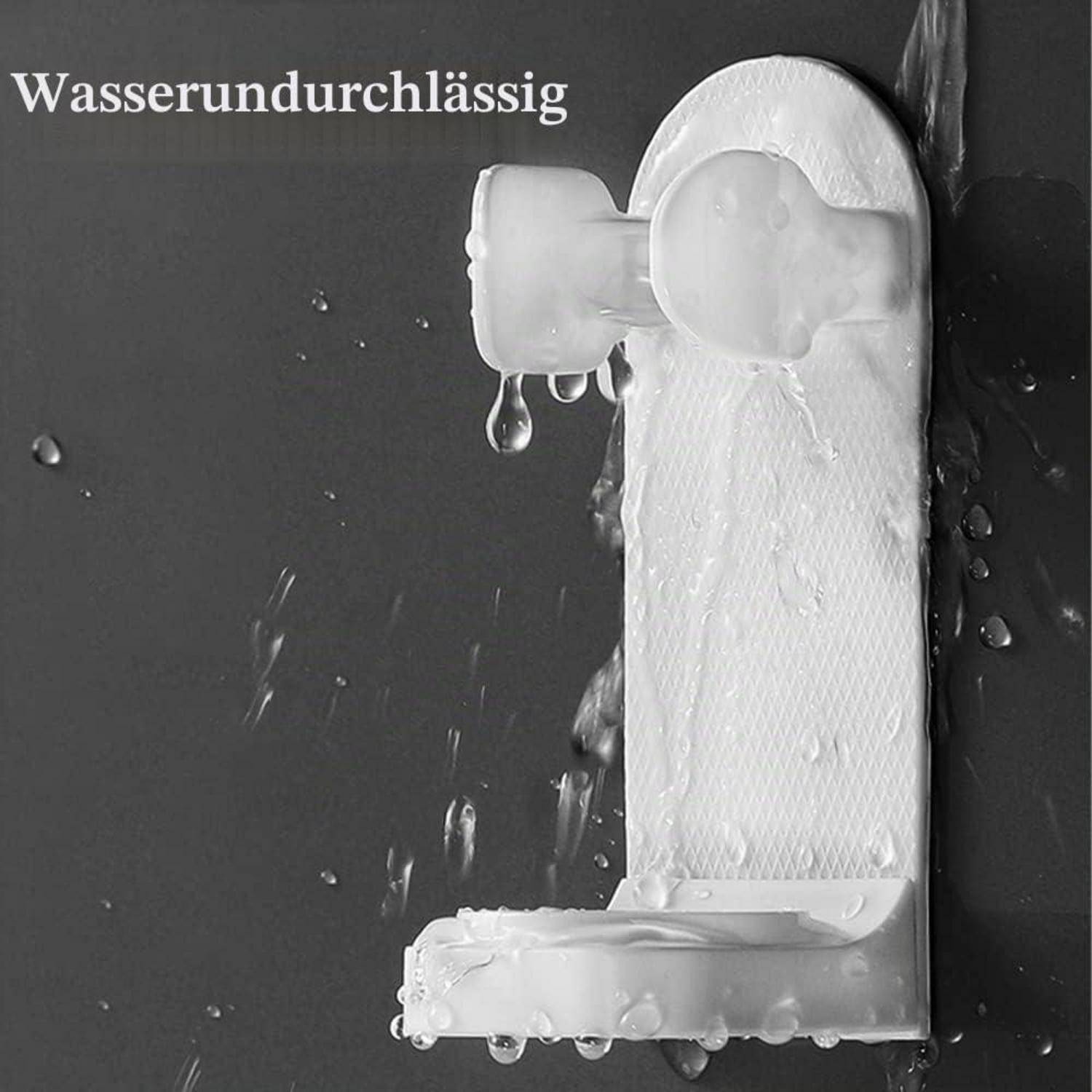 Wasserdichtes weißes Gerät, das auf einer dunklen Oberfläche montiert ist, mit Wassertropfen und dem deutschen Wort „Wasserdurchlässig