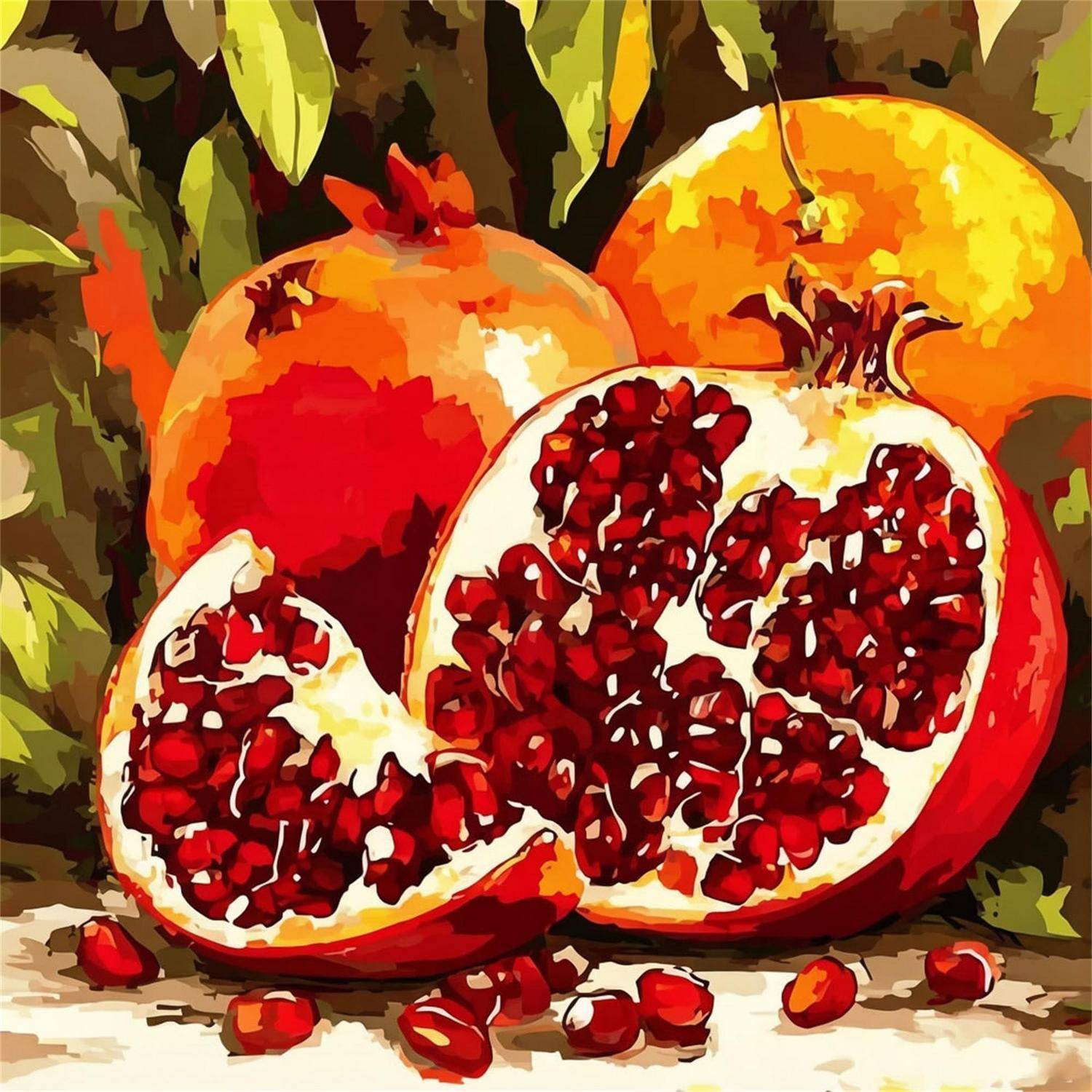 Illustration reifer Granatäpfel, darunter zwei aufgeschnittene, die leuchtend rote Samen und verstreute Arils in der Vordergrund zeigen.