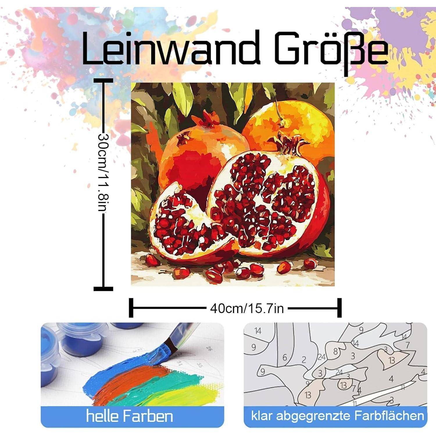 Produktgrafik mit Leinwandgröße 40 cm x 30 cm und Beispielbilder: Granatapfel-Gemälde, leuchtende Farben und nummerierte Malen-nach-Zahlen-Anleitung.