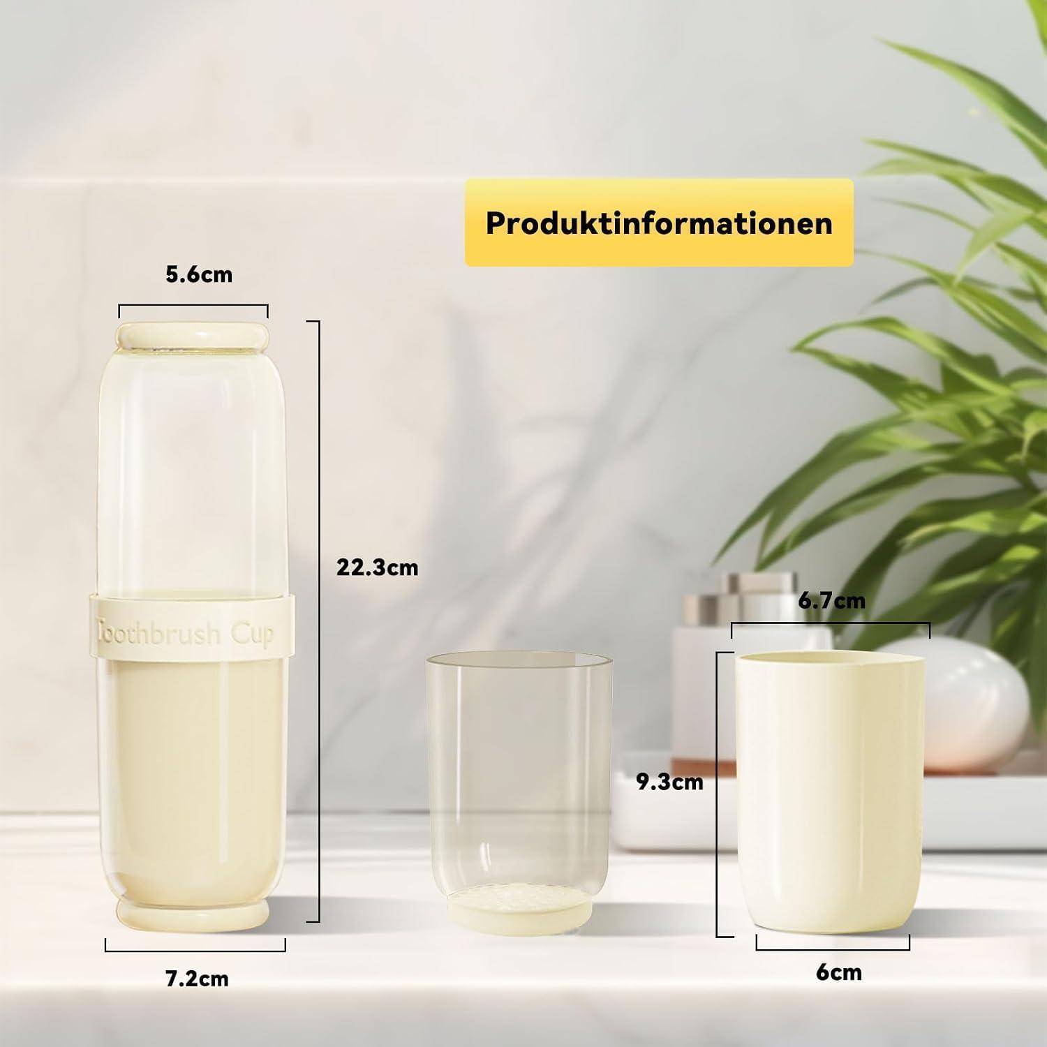 Produktinformationsbild, das einen hohen Zahnbürstenbecher mit Deckel und zwei Bechervarianten zeigt, mit beschrifteten Abmessungen von 22,3 cm, 7,2 cm, 5,6 cm, 9,3 cm, 6,7 cm und 6 cm.