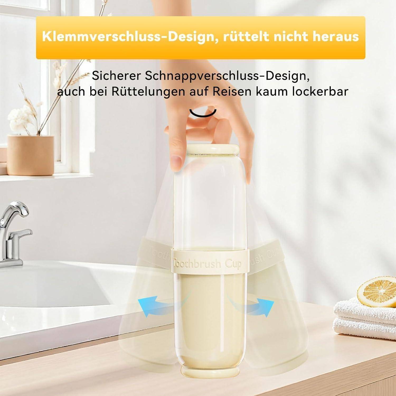 Hand hält eine verschlossene Flasche, die ein sicheres Schnappverschluss-Design zeigt, das geschlossen bleibt und sich beim Schütteln nicht lockert; deutscher Text hebt diese Funktion hervor.