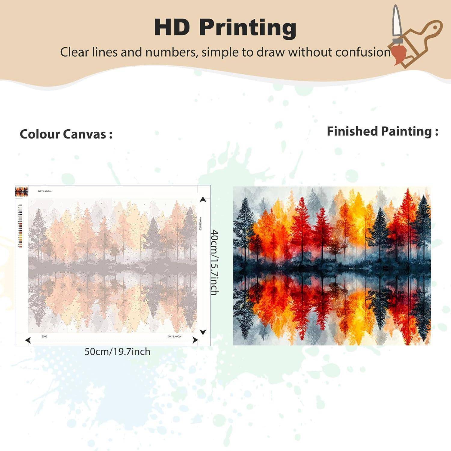 Werbekampagne zum Vergleich einer Malen-nach-Zahlen-Leinwand und eines fertigen Gemäldes mit einer gespiegelten Waldszene, gekennzeichnet mit 50 cm x 40 cm und „HD-Druck