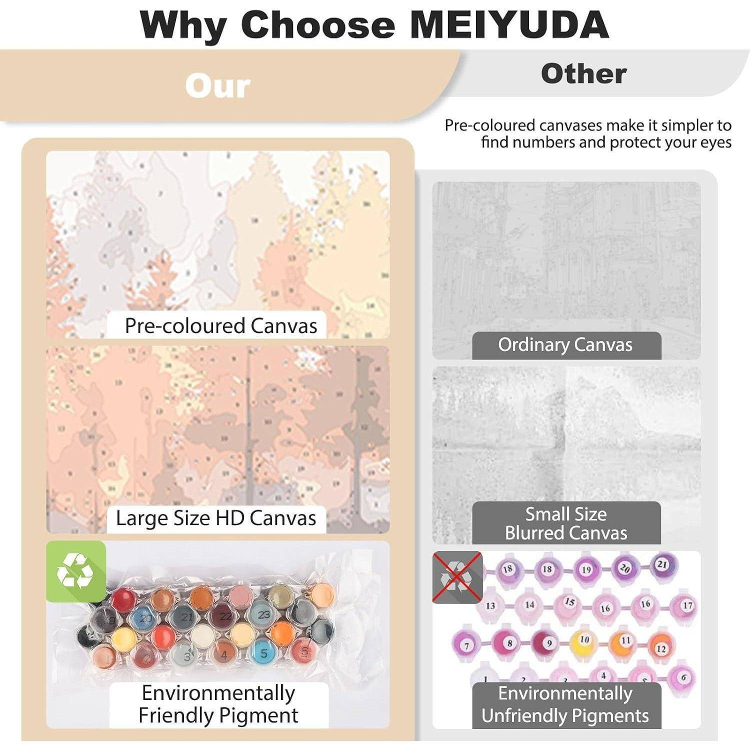 Infografik, die die Leinwand- und Pigmentqualität von MEIYUDA mit anderen Marken vergleicht: vorkoloriert, großes HD, umweltfreundliche Pigmente gegenüber gewöhnlichen, verschwommenen, umweltschädlichen Optionen.