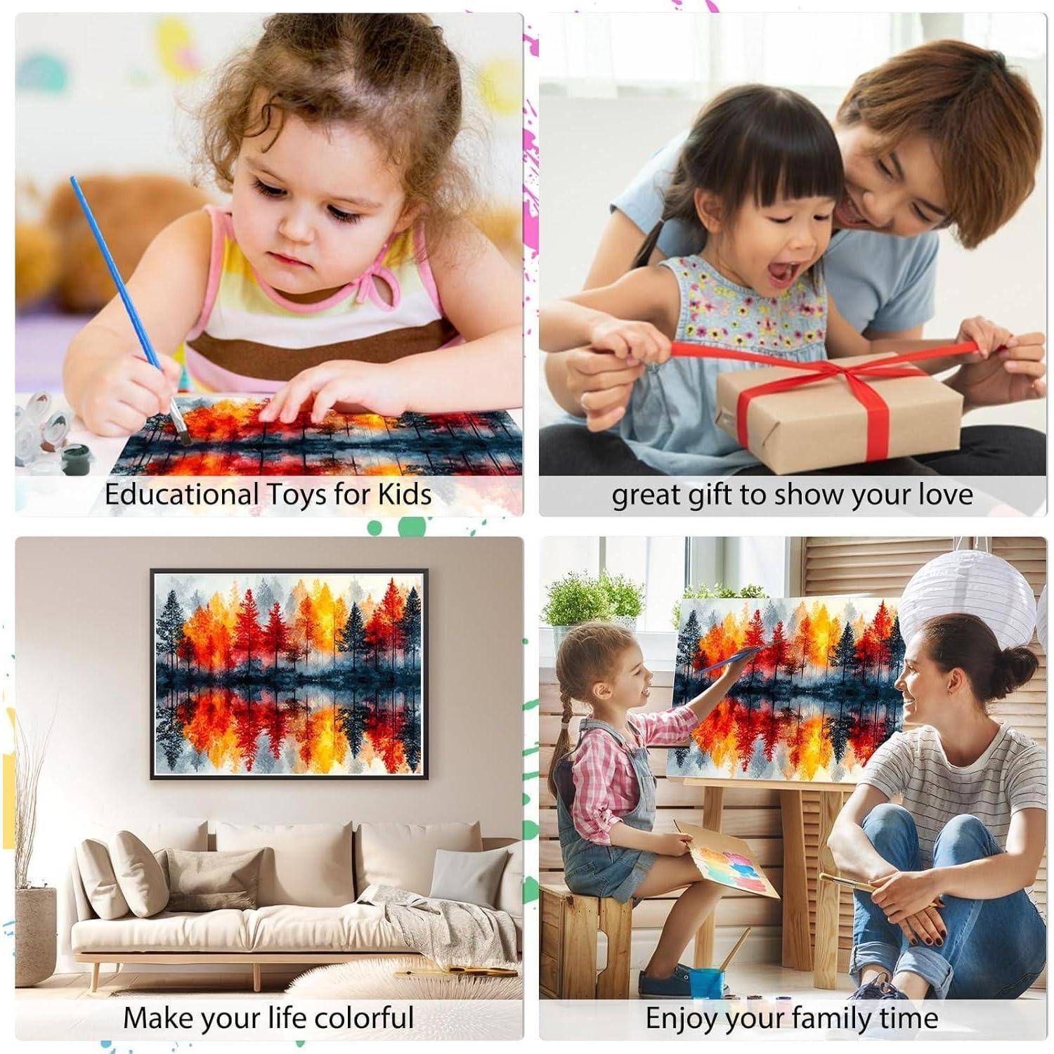Vier-teilige Collage: Kinder beim Malen und beim Auspacken eines Geschenks, sowie bunte Kunstwerke, die in einem Wohnzimmer ausgestellt sind, und eine Familie, die gemeinsam Zeit miteinander verbringt.