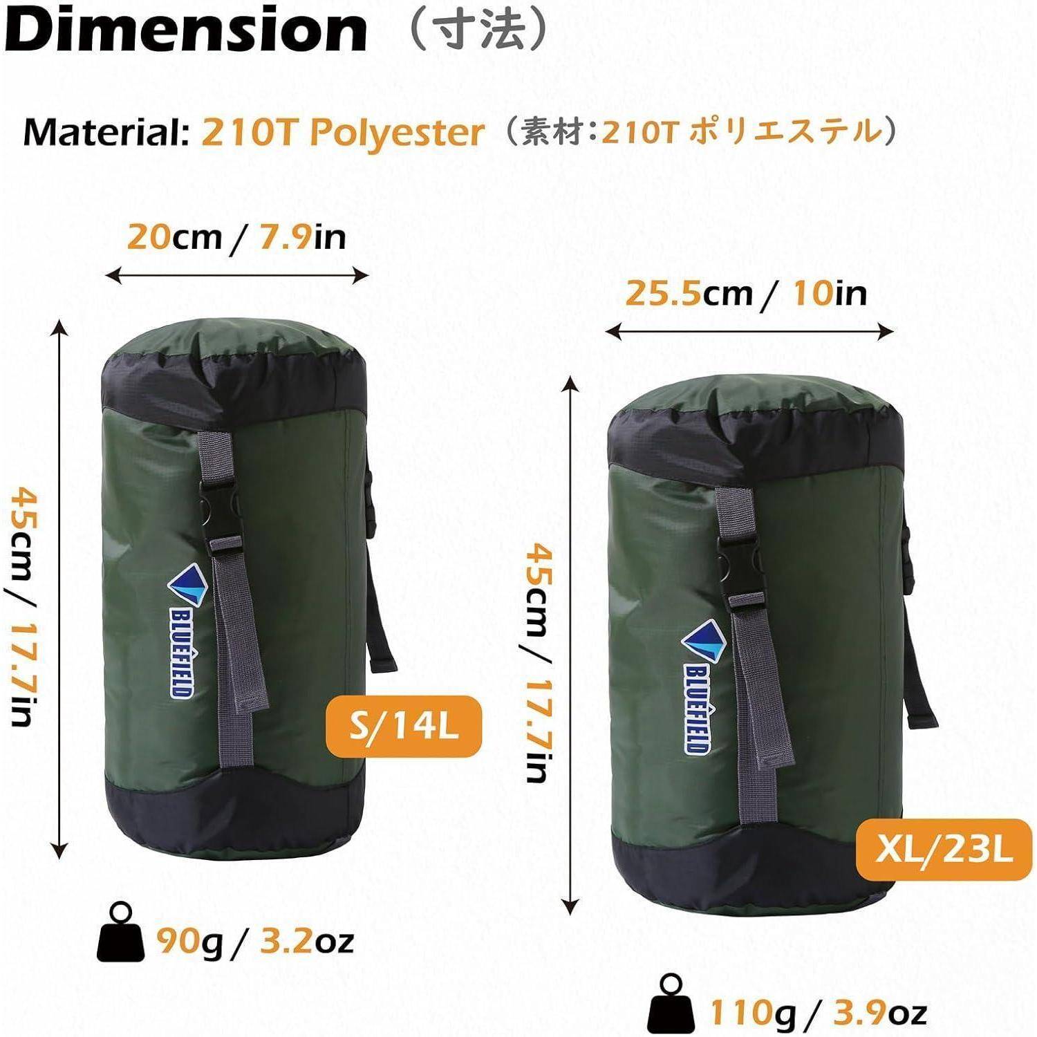 Größentabelle für zwei Zylindertaschen: S/14L ist 20 cm breit und 45 cm hoch, 90 g; XL/23L ist 25,5 cm breit und 45 cm hoch, 110 g.