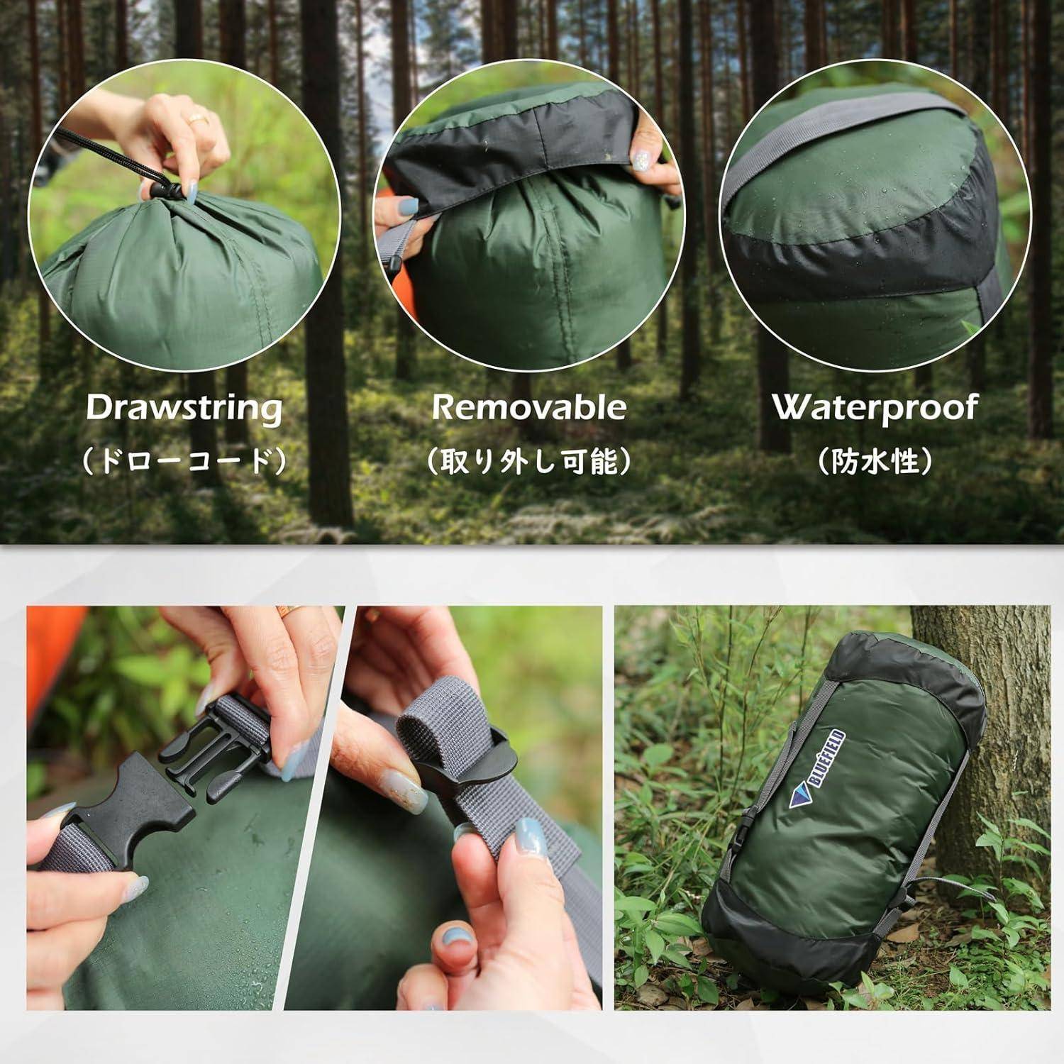 Illustration einer grünen wasserdichten Tasche oder eines Rucksacks mit Kordelzug und abnehmbaren Teilen, gezeigt in Nahaufnahmen und draußen im Wald.
