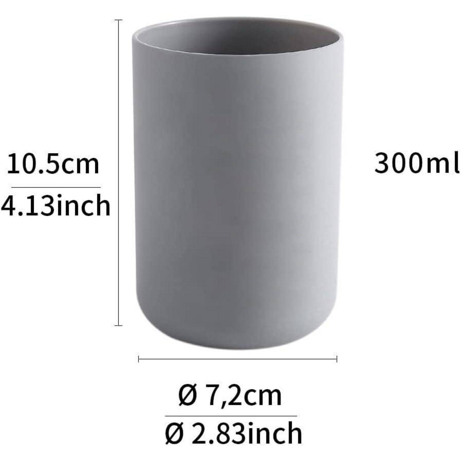 Grauer zylindrischer Becher mit den Abmessungen 10,5 cm Höhe, 7,2 cm Durchmesser und 300 ml Fassungsvermögen.