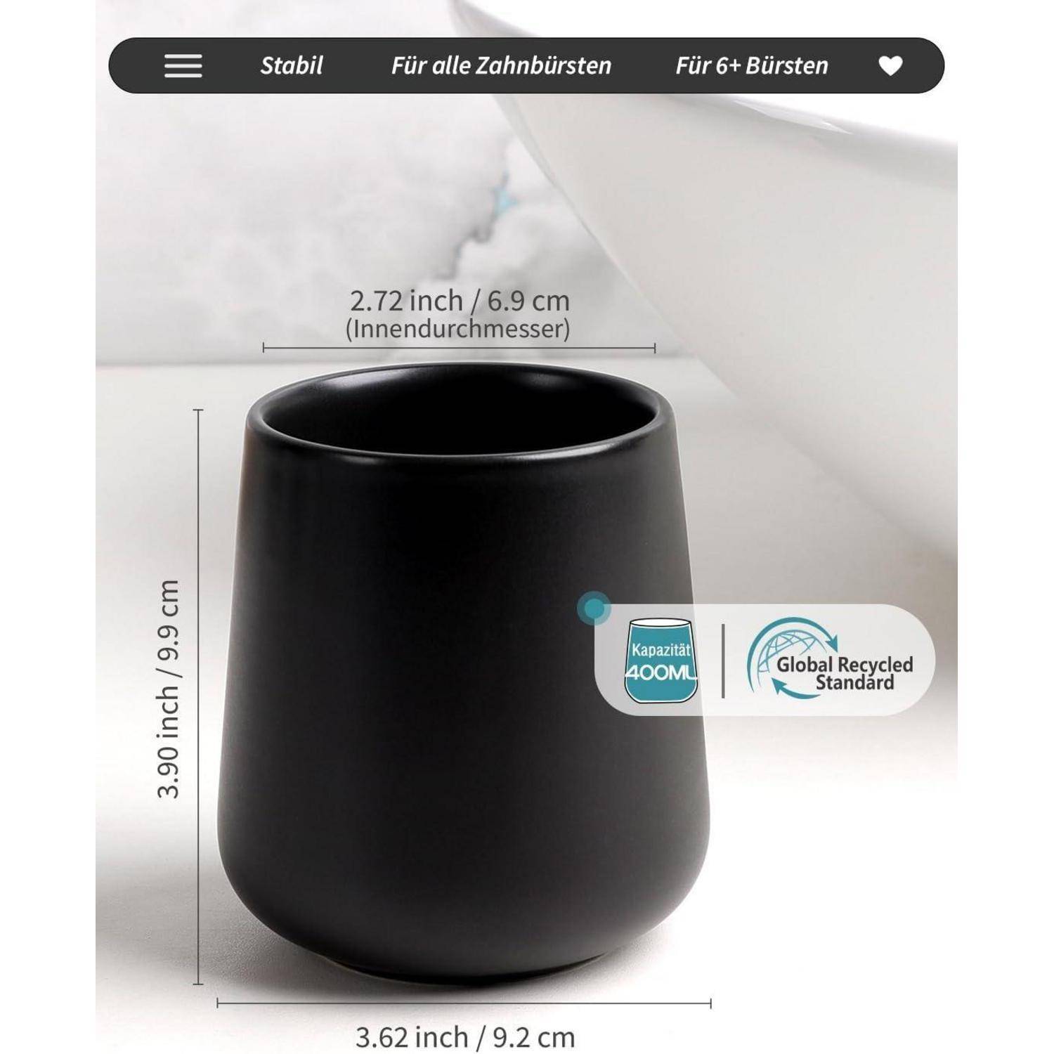 Schwarzer matter Zahnbürstenbecher mit Größenangaben: 3,62 x 3,90 Zoll, innerer Durchmesser 2,72 Zoll, Fassungsvermögen 400 ml, Global Recycled Standard-Plakette.