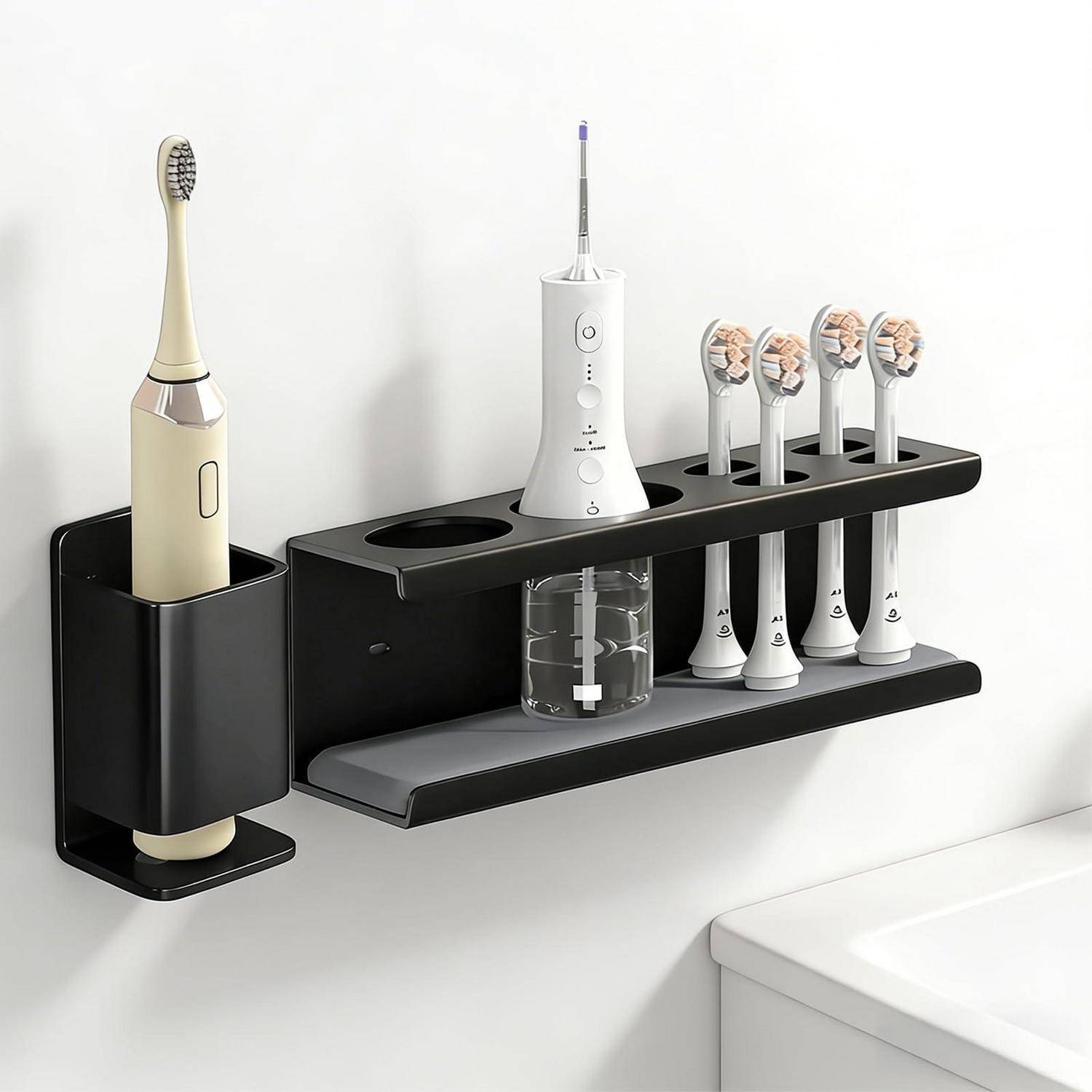 An der Wand montierter Badezimmerorganizer, der auf schwarzen Regalen eine elektrische Zahnbürste, vier Bürstenköpfe und einen Zahnpastaspender hält.