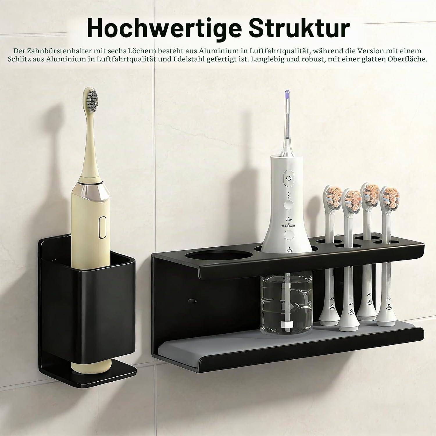 Wandmontierte schwarze Organizer halten elektrische Zahnbürsten und Bürstenköpfe; deutscher Text sagt 'Hochwertige Struktur' und beschreibt langlebaren Aluminium-Speicher.