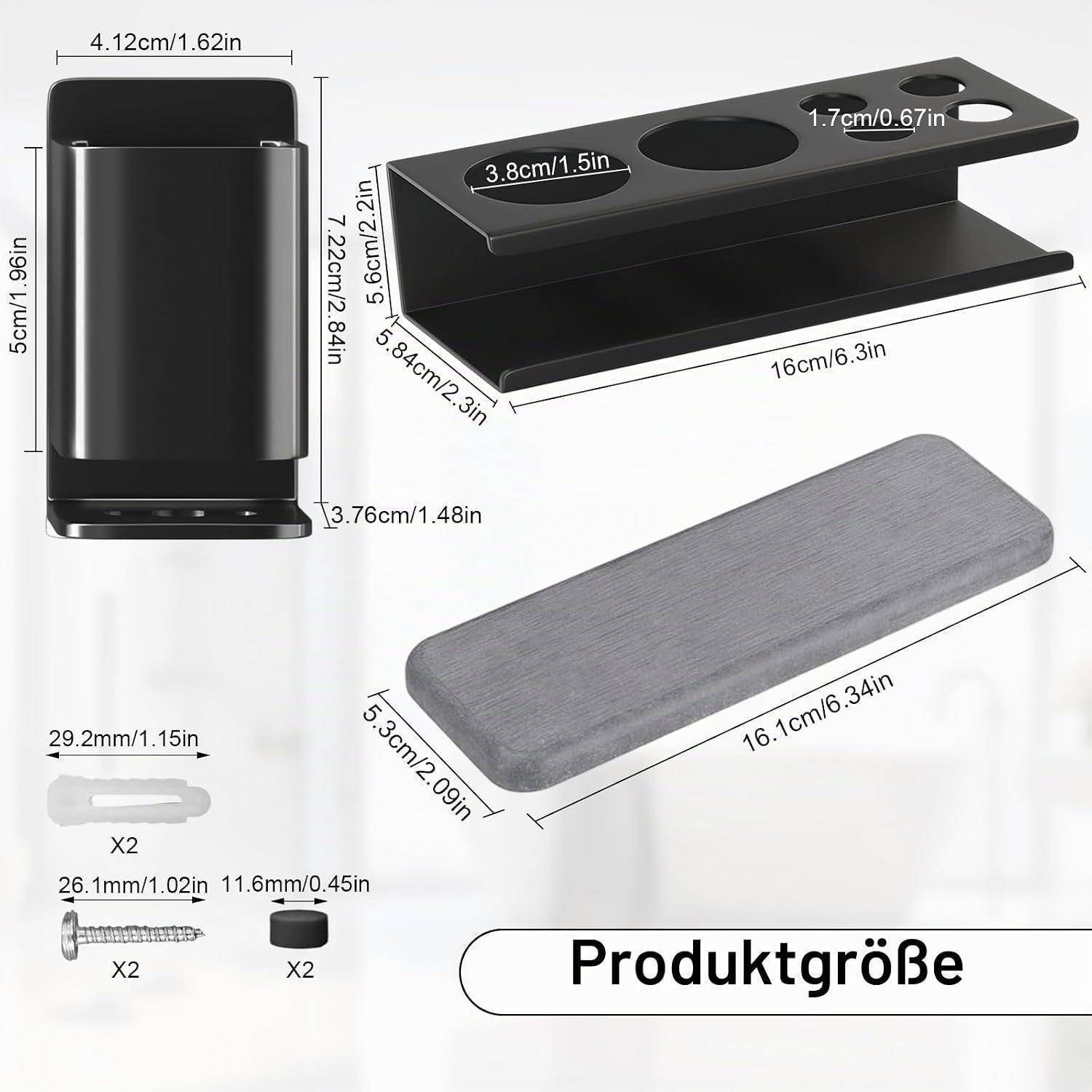 Produktgrößendiagramm einer wandmontierten Halterung mit Abmessungen für die Haupteinheit, das Regal, die Abdeckung und die enthaltenen Schrauben.