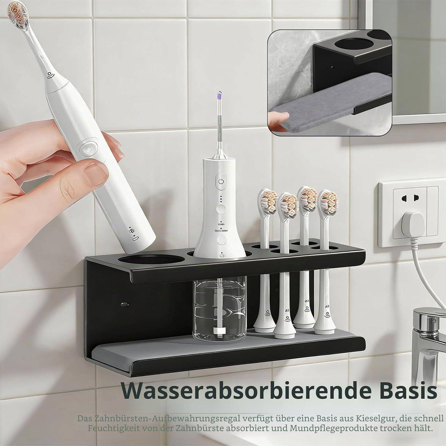 Badezimmer-Zahnbürstenhalter mit integriertem Elektrozahnbürsten-Ladegerät und absorbierender Basis, der mehrere Zahnbürsten und einen Glasbecher auf einem wandmontierten Regal hält.