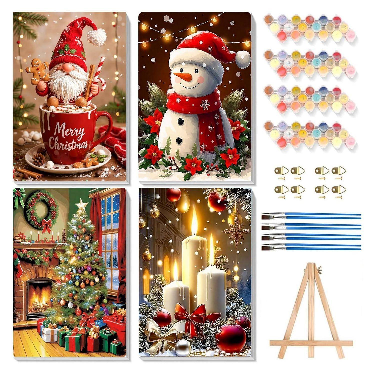 Collage aus Weihnachtsbastelbildern und -materialien: Weihnachtszwerge, Schneemann, verzierter Baum und Kerzen, sowie Farben, Pinsel und Staffelei.